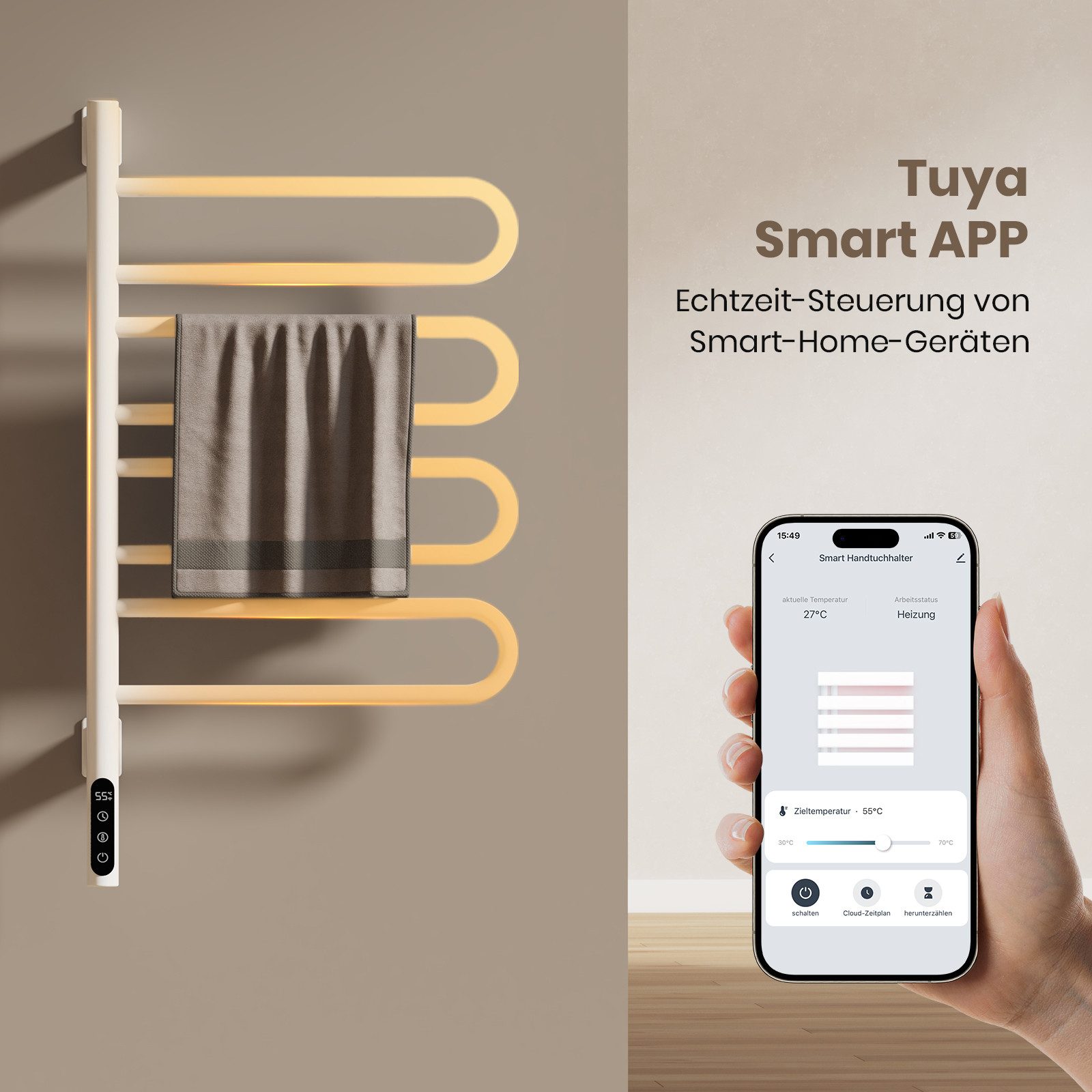 EMKE Elektrischer Badheizkörper Handtuchheizkörper elektrisch mit Intelligent Thermostat, 130 W Handtuchwärmer WiFi App Sprachsteurung, Timer 780x430mm – Bild 5 von 5