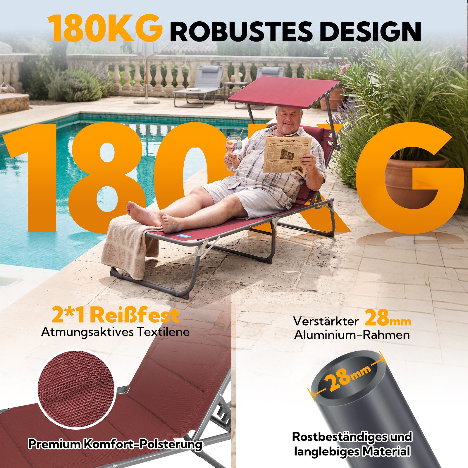HOMECALL Gartenliege Sonnenliege AluLiege Liegestuhl Strandliege Liegen wetterfest, klappbar, Textilene Mit Dickemschnelltrocknende Schaumstoffpolsterung, Verst – Bild 4 von 5