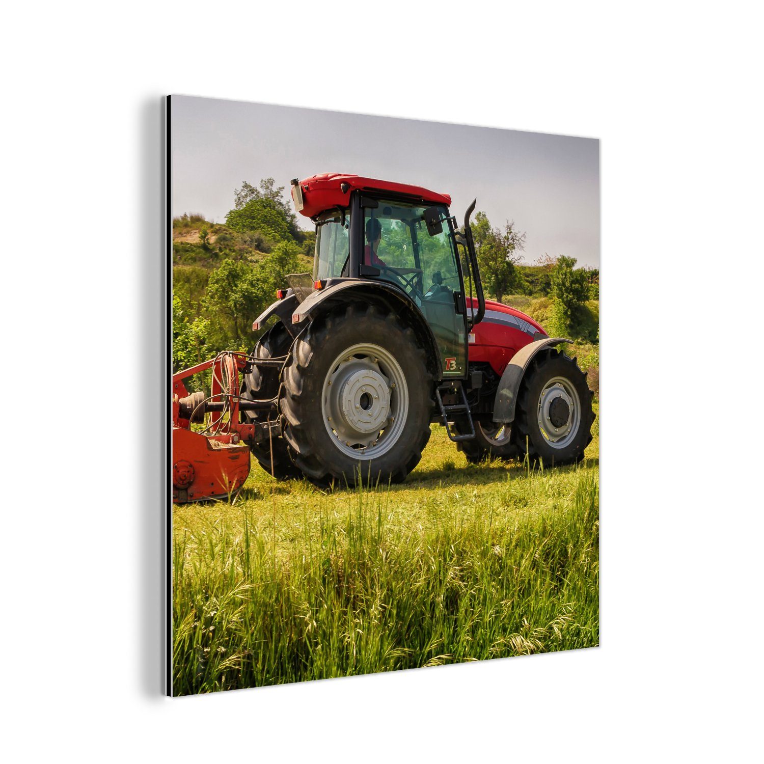 Sofortiger Versand MuchoWow Metallbild Traktor - Metall, Grün Gemälde Rot - aus St), Aluminium - Natur deko Alu-Dibond-Druck, (1 - Landleben