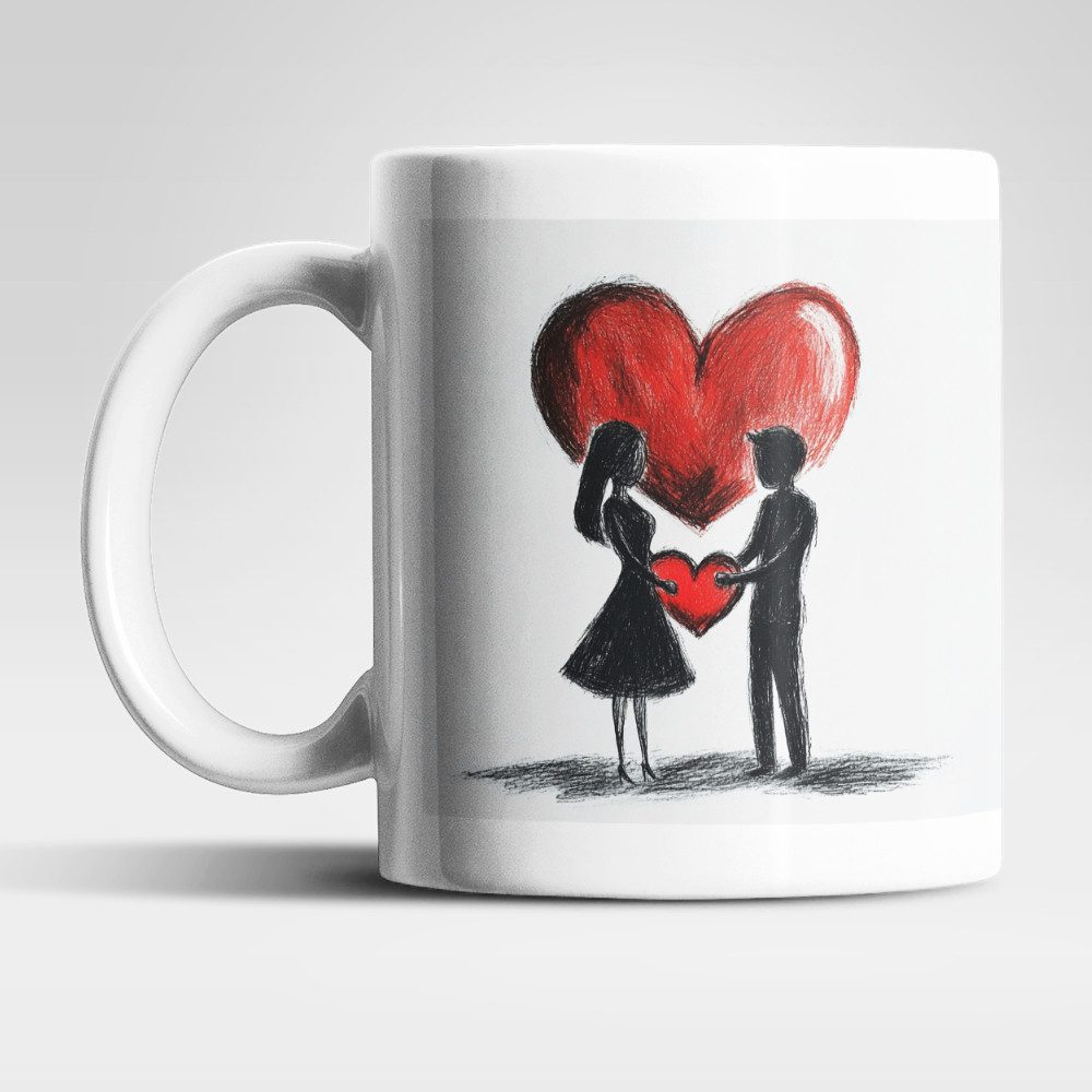 B&B Kaffeetassen Set Mit Herz-Motiv – 2 Stück, 400 Ml, Porzellan, In Grau/weiß/rosa