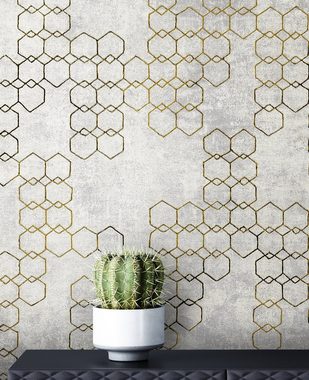 Newroom Vliestapete, Grau Tapete Leicht Glänzend Modern - Mustertapete Metalic Gold Hexagon Grafisch für Schlafzimmer Wohnzimmer Küche