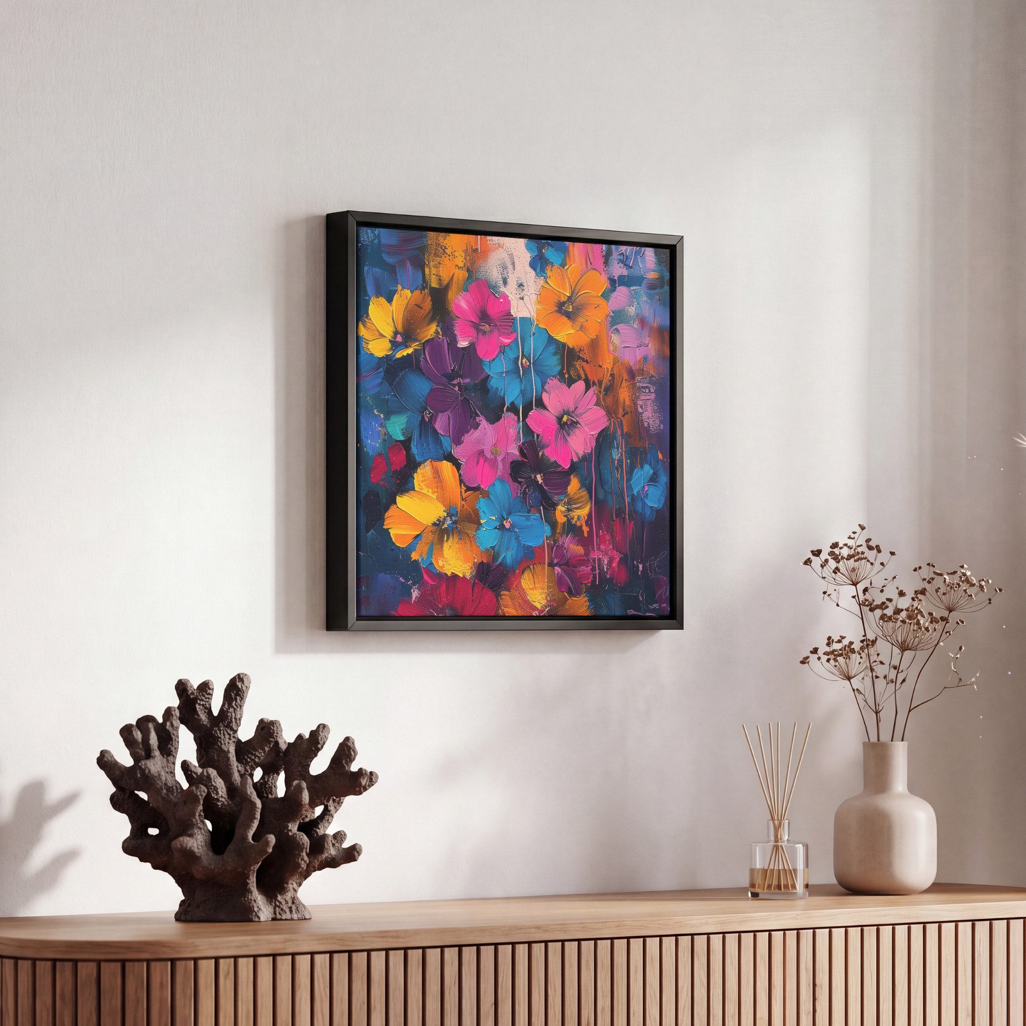OneMillionCanvasses® Leinwandbild mit Rahmen - Blumen - Bunt - Abstrakt - Modern, Fotodruck (1 St), Leinwand Bilder Klein, Wand Dekoration Aesthetic 20x20cm – Bild 5 von 5