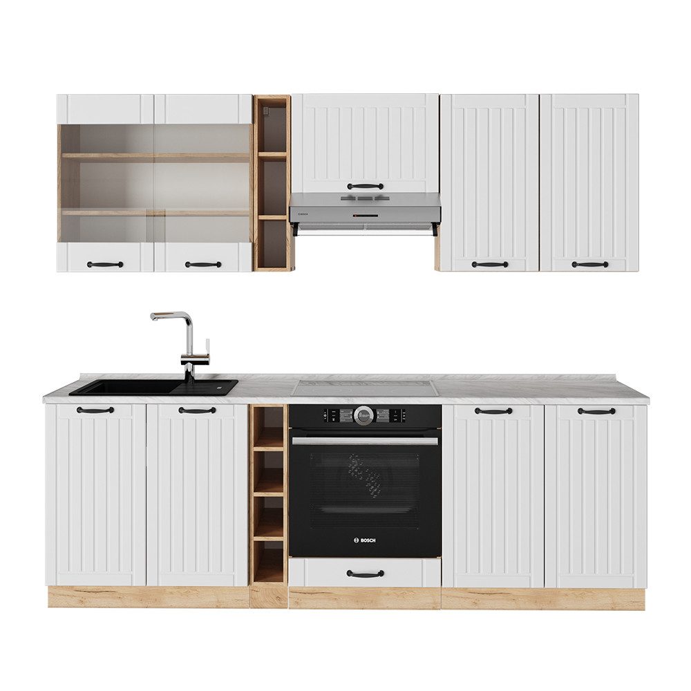 Vicco Küchenzeile Fame-Line, Weiß Landhaus/Goldkraft Eiche, 235 cm, AP Marmor