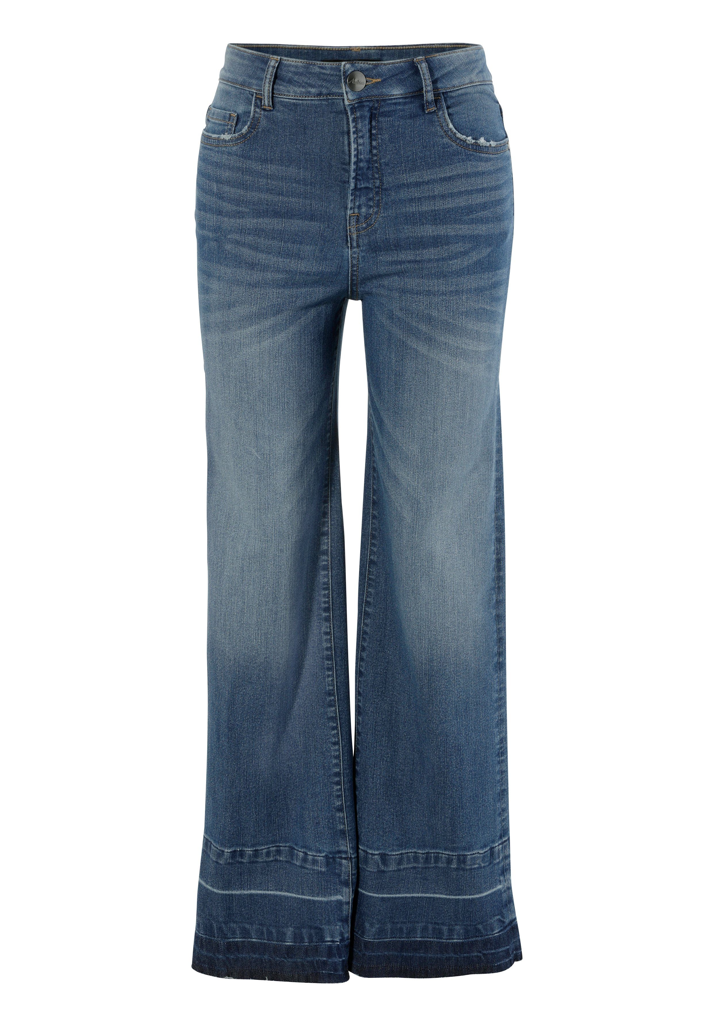 Waschung trendiger blue mit leicht used CASUAL dark Saum Straight-Jeans am Aniston ausgefranstem