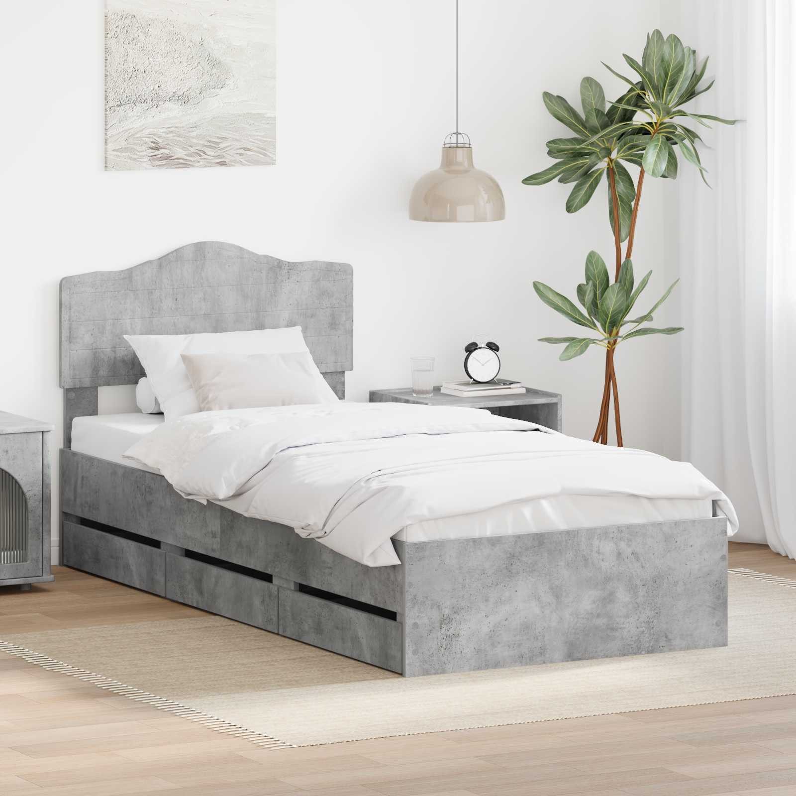 furnicato Bett Bettgestell 196 x 78 x 90 cm Betongrau (1-tlg), Integrierter Stauraum Einzelbett mit Schubladen für dein Schlafzimmer