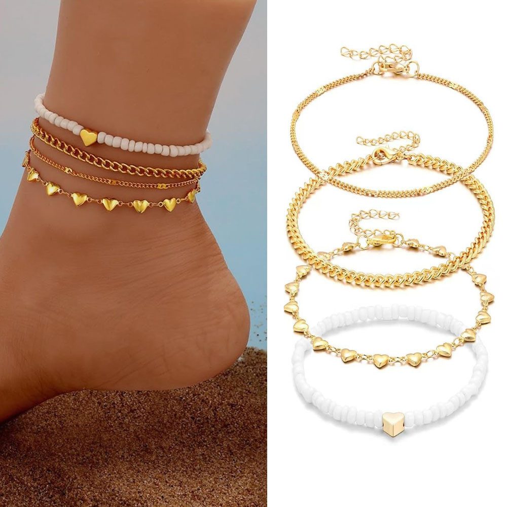 MOPUEA Fußkette 4 Stück Fußkettchen für Damen, Fussketten für Frauen Gold (Vielseitig kombinierbar, vielseitiger Fußschmuck für Sommerausflüge, 4-tlg., Ideal für den Sommer am Strand und den Alltag), Bohemian-Stil, mehrreihige Fußkette mit Schmetterlingsa