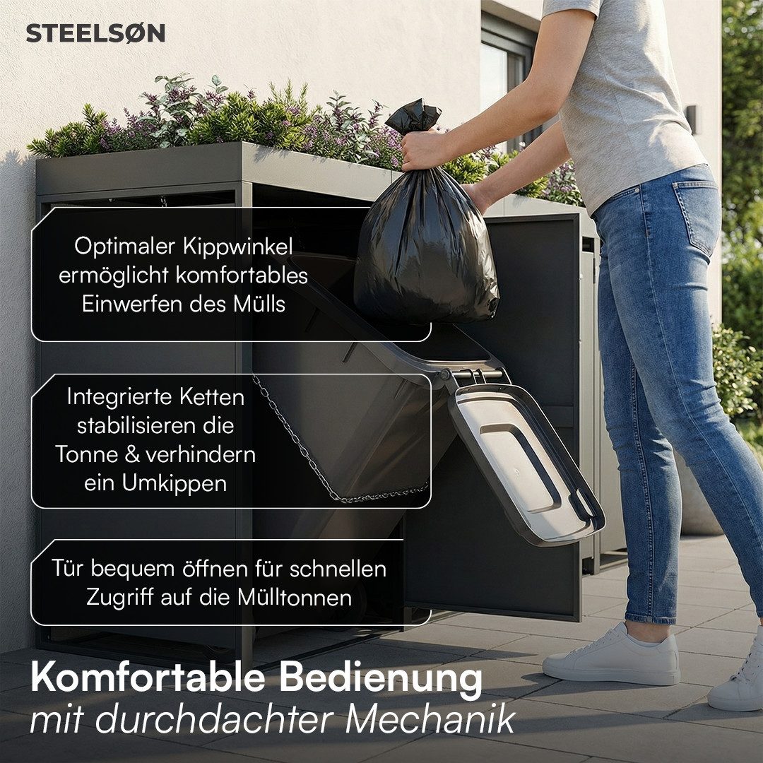 STEELSØN Mülltonnenbox Thoria mit Pflanzendach, Mülltonnenverkleidung aus Stahl (Anthrazit, 120 L, verfügbar mit 1, 2, 3, 4, oder 5 Türen), für 4 Tonnen – Bild 3 von 5