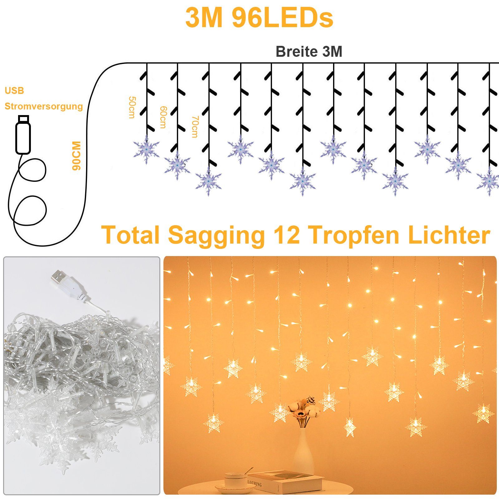 Rosnek LED-Lichtervorhang 3M, 96LEDs,12 Stränge, Wasserdicht, günstig online kaufen