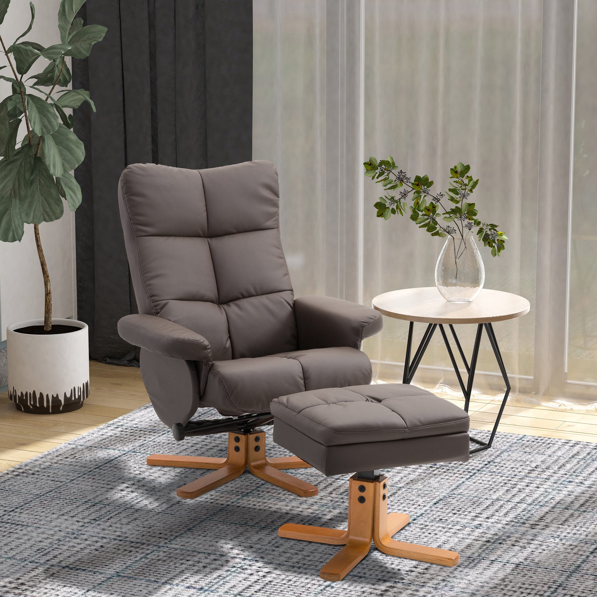 HOMCOM Polsterstuhl Lesesessel Fernsehsessel mit Hocker, Liegefunktion für Wohnzimmer (Relaxsessel, 2 St), für Wohnzimmer, Braun
