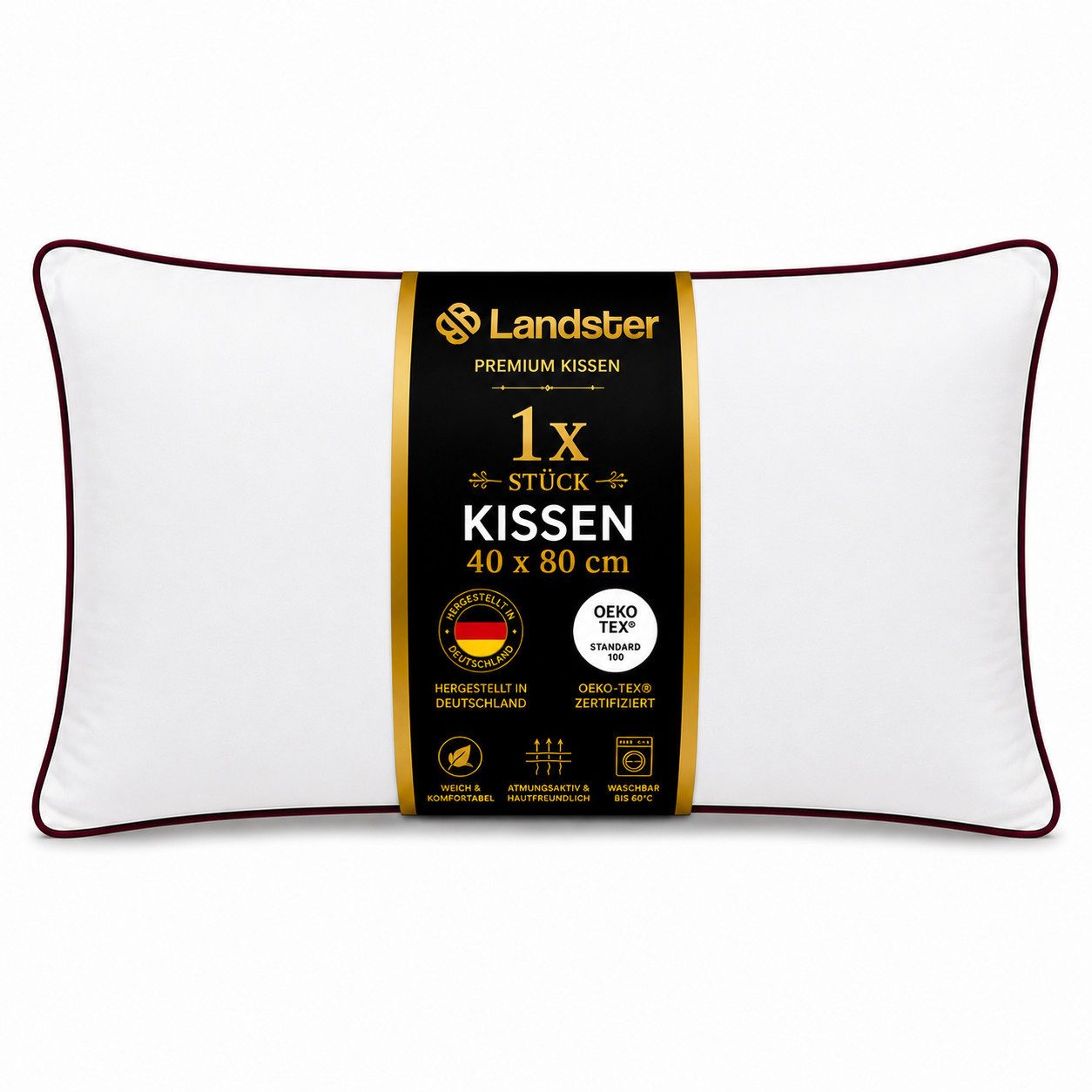 Landster Baumwollkissen Kopfkissen mit Paspelierung Hotelkissen Schlafkissen Hotelqualität, Füllung: 100% Polyester, Seitschläfer, Rückenschläfer, Seitenschläfer, Comfort, Reißverschluss für Füllung-waschbar, Hergestellt in Deutschland