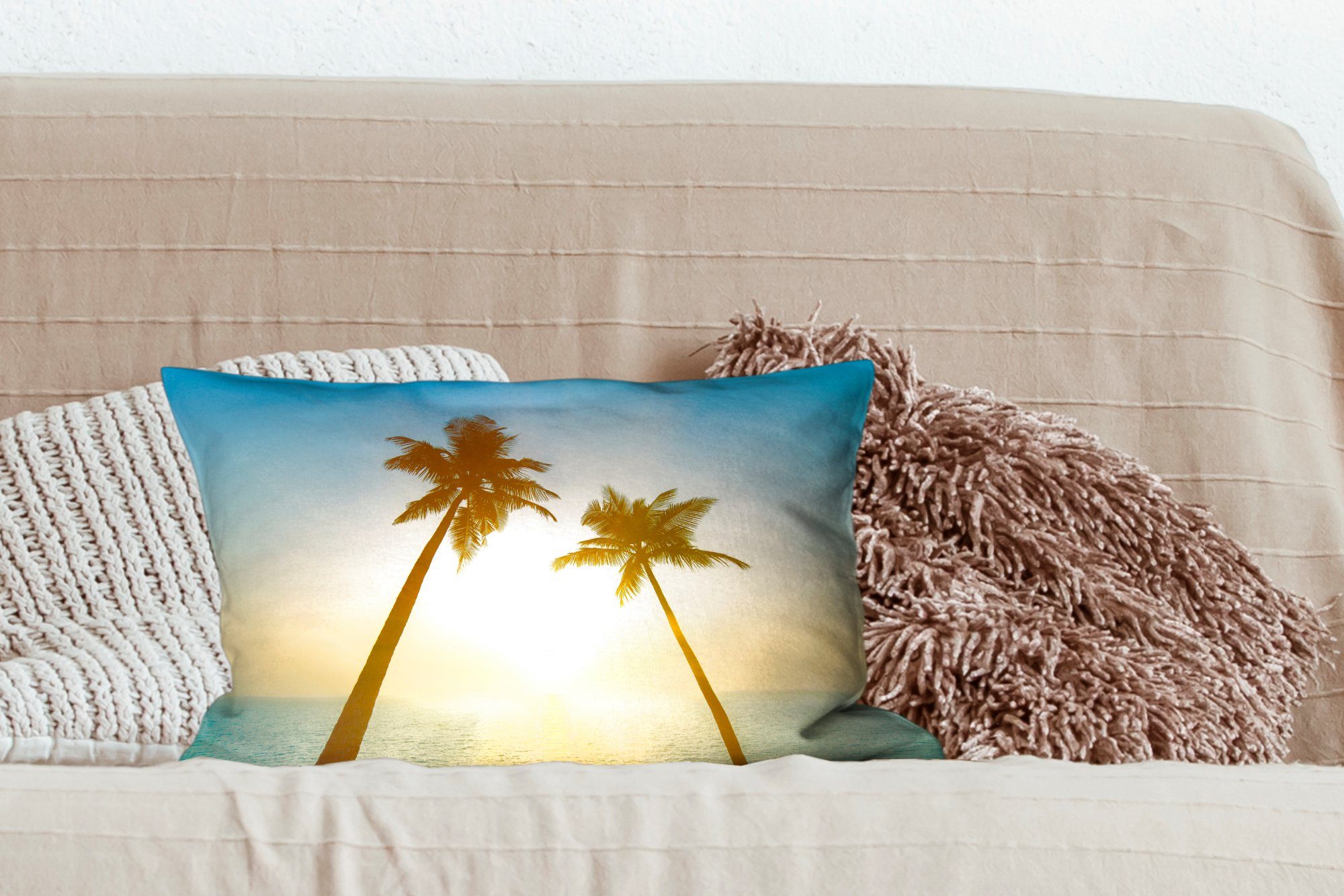 Zierkissen, mit Sonnenuntergang - Dekoration, Füllung, Wohzimmer Dekokissen Schlafzimmer MuchoWow Strand - Palmen, Dekokissen