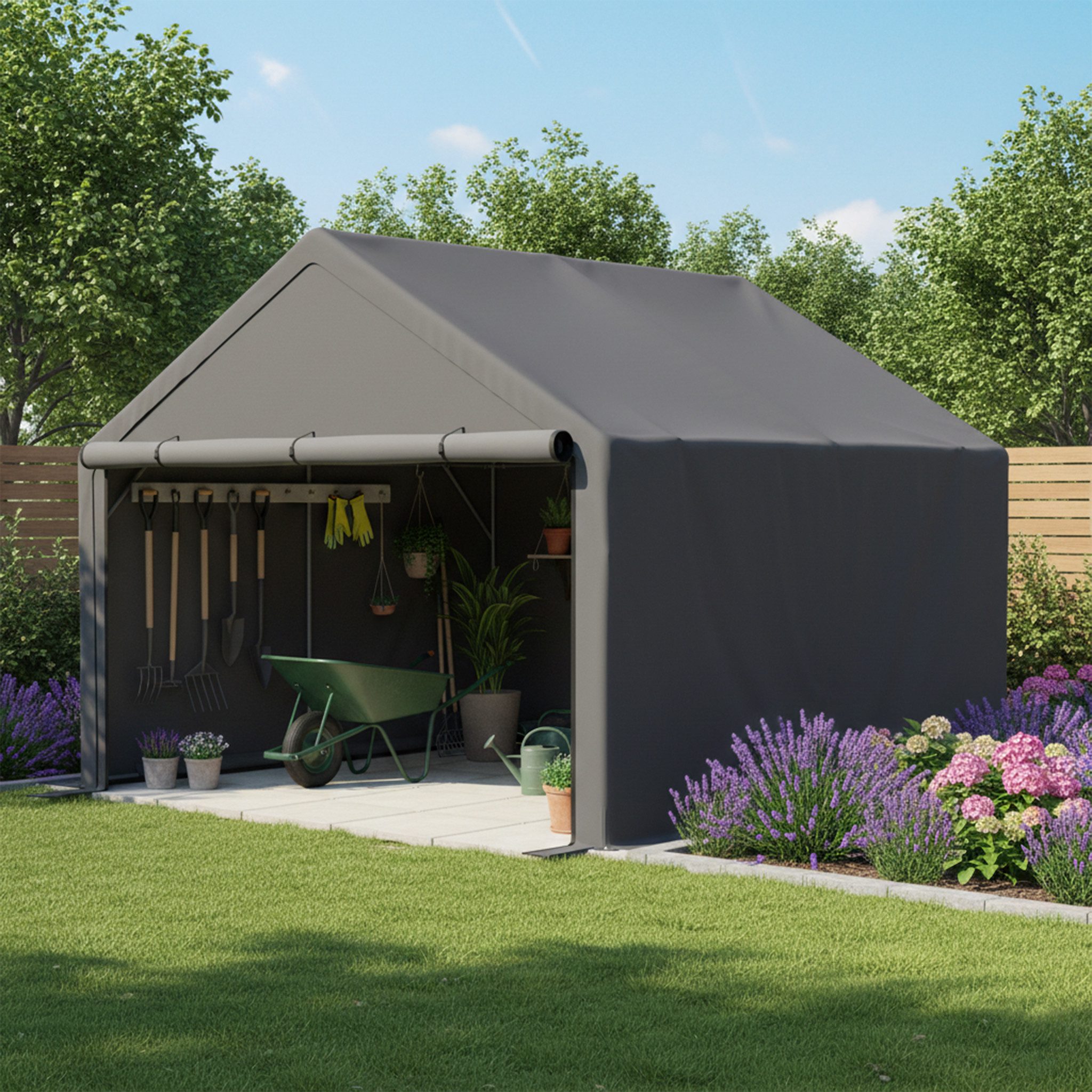 Blossom Garage Fahrradgarage Allwetter-Zeltgarage wasserdichten Garagenzelt aus Stahl (Fahrradschuppen 305x396x233 cm), Geräteschuppen mit Rolltor für Motorrad Gartenmöbel Werkzeug