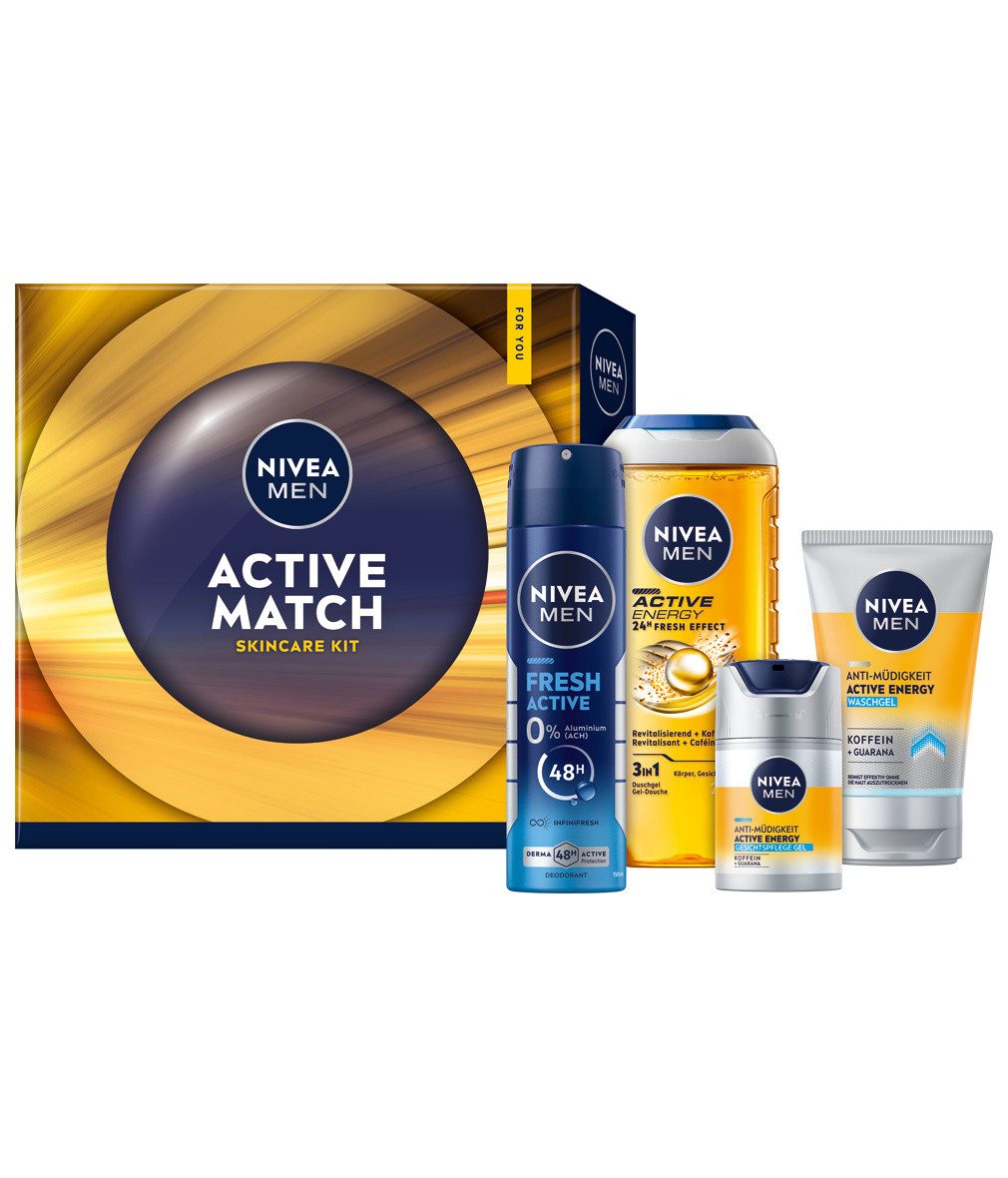 Nivea Men Feuchtigkeitspflege-Set Active Match Geschenkset 4-teilig Duschgel Deo Gesichtspflege Pflege Set, 4-tlg.