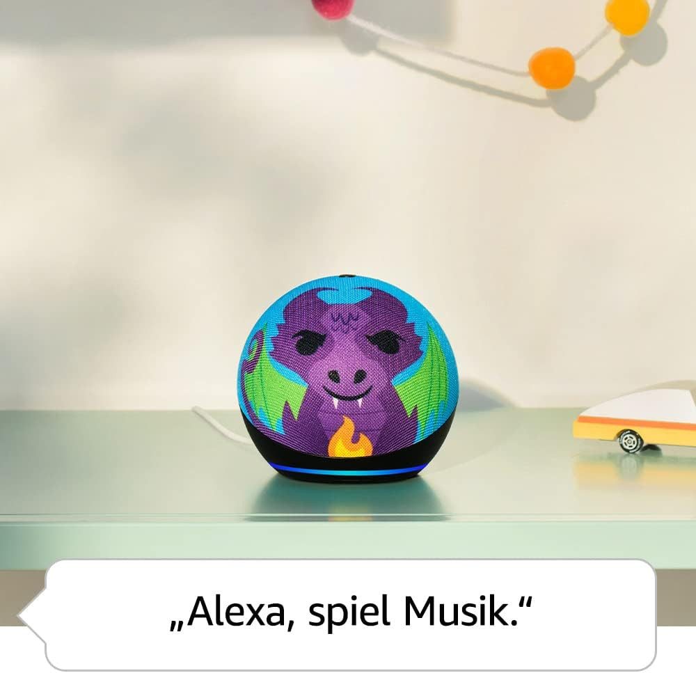 Amazon Echo Dot Kids (Neueste Generation), WLAN Bluetooth-Lautsprecher Lautsprecher (1 Jahr Amazon Kids+ Inhalte inklusive, Drachen-Design)