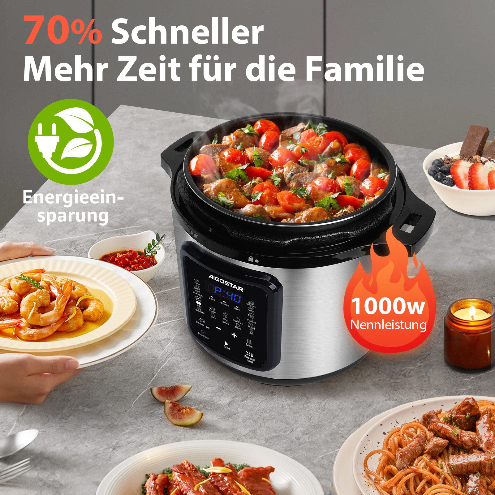Aigostar Reiskocher 6L Schnellkochtopf, 18-in-1 Multikoche, Pressure Cooker, Rice Cooker, 1000 W, 24h Timer & Warmhalte, Antihaftbeschichtung, 10+ Sicherheitsme – Bild 2 von 5