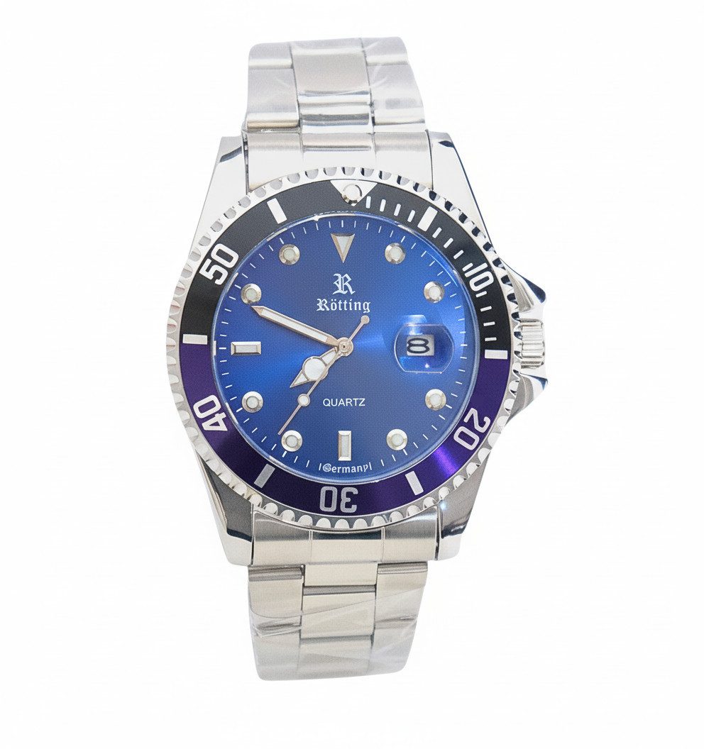 Rötting Design Quarzuhr Herrenuhr Armbanduhr Männeruhr Edelstahl blaues Ziffernblatt, (inkl. Uhrenschatulle auch zum Verschenken geeigent), drehbare Lünette, Datumsanzeige