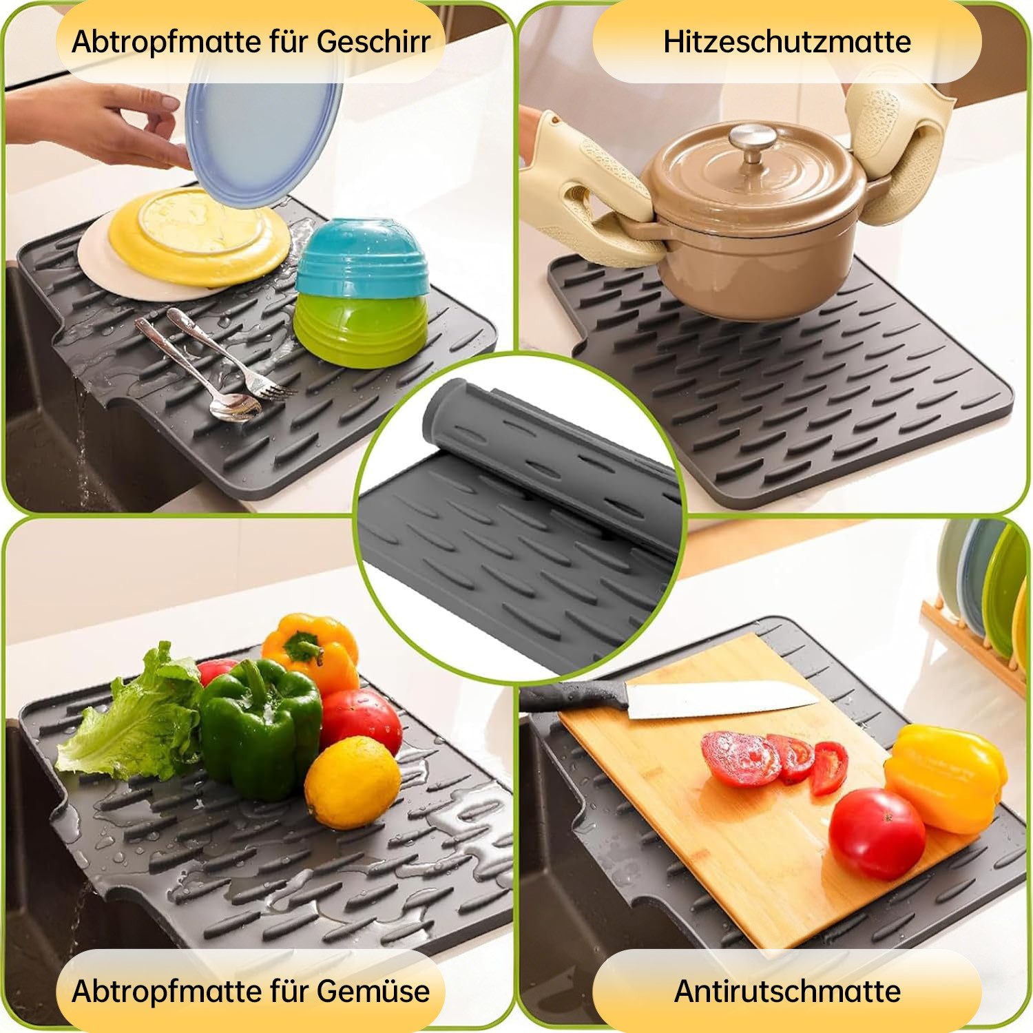 SURFOU Abtropfmatte 2er-Set Auslaufsicherer Arbeitsplattenschutz Aus Silikon 40*32.5cm, Zubehör für Küchenarbeitsplatten und Küchenspüle, mit Effektiver Wasserumleitung und Rutschfestem Design Spüle