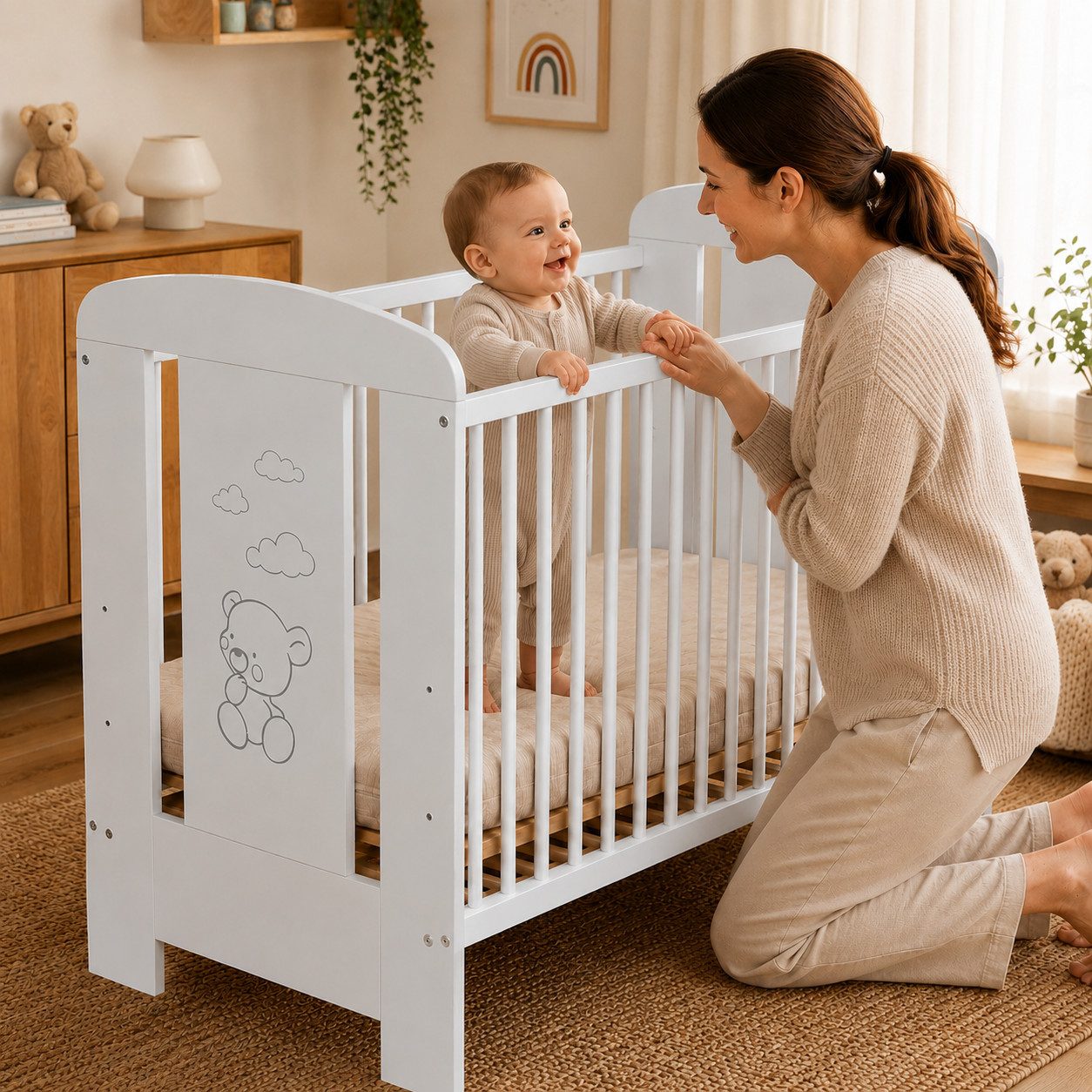 Best for Kids Babybett 120x60cm mit und ohne Matratze, 4-teilig, aus Buchenholz, 1-tlg., Kinderbett, Babybett 60x120 cm mit 3 herausnehmbare Schlupfsprossen