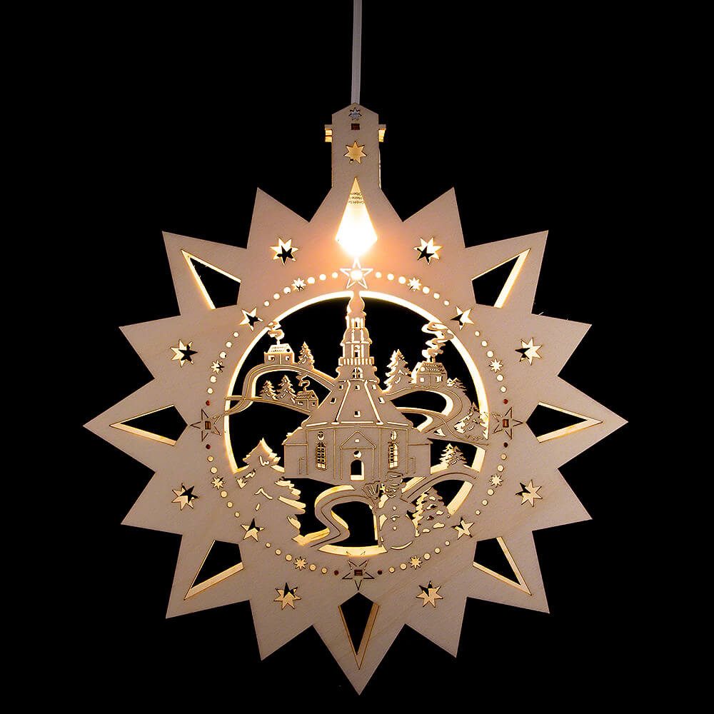 Erzgebirge-Palast Schwibbogen Fensterbild Seiffener Kirche (32cm) von Saico günstig online kaufen