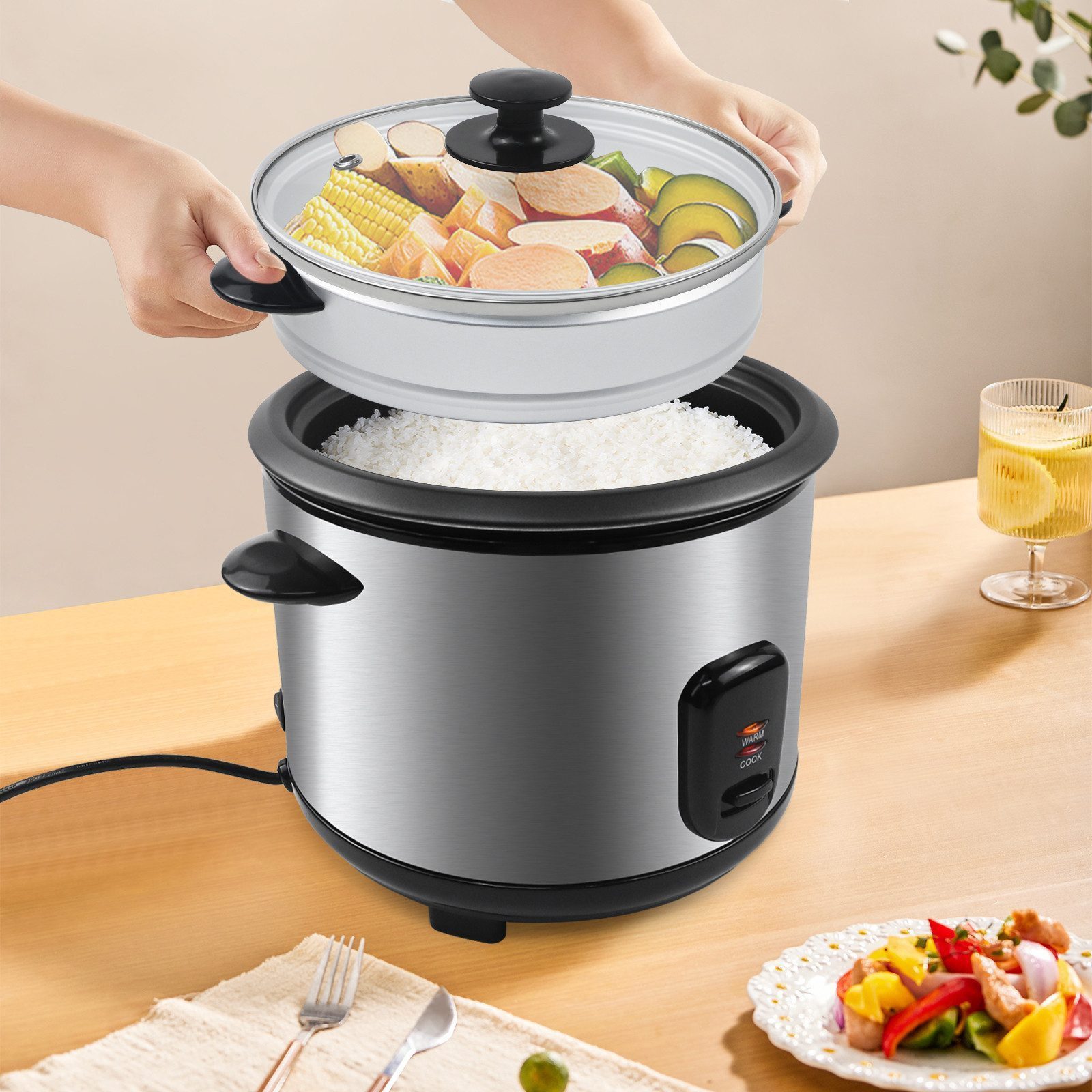 OZAVO Reiskocher 1.8L/2.2L mit Dampfgarer & Warmhaltefunktion, Antihaftbeschichtung, 700 W, inkl. Dampfkorb Messbecher & Löffel, für 3-5 Personen Familie – Bild 5 von 5