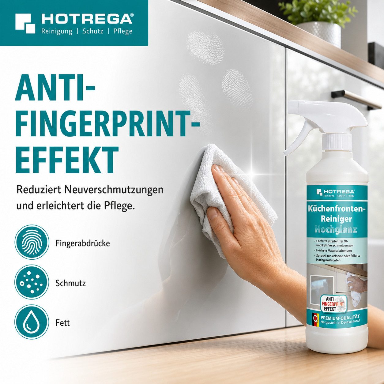 HOTREGA® Küchenfronten Reiniger Hochglanz Oberfläche 2x 500ml + Microfasertuch Küchenreiniger