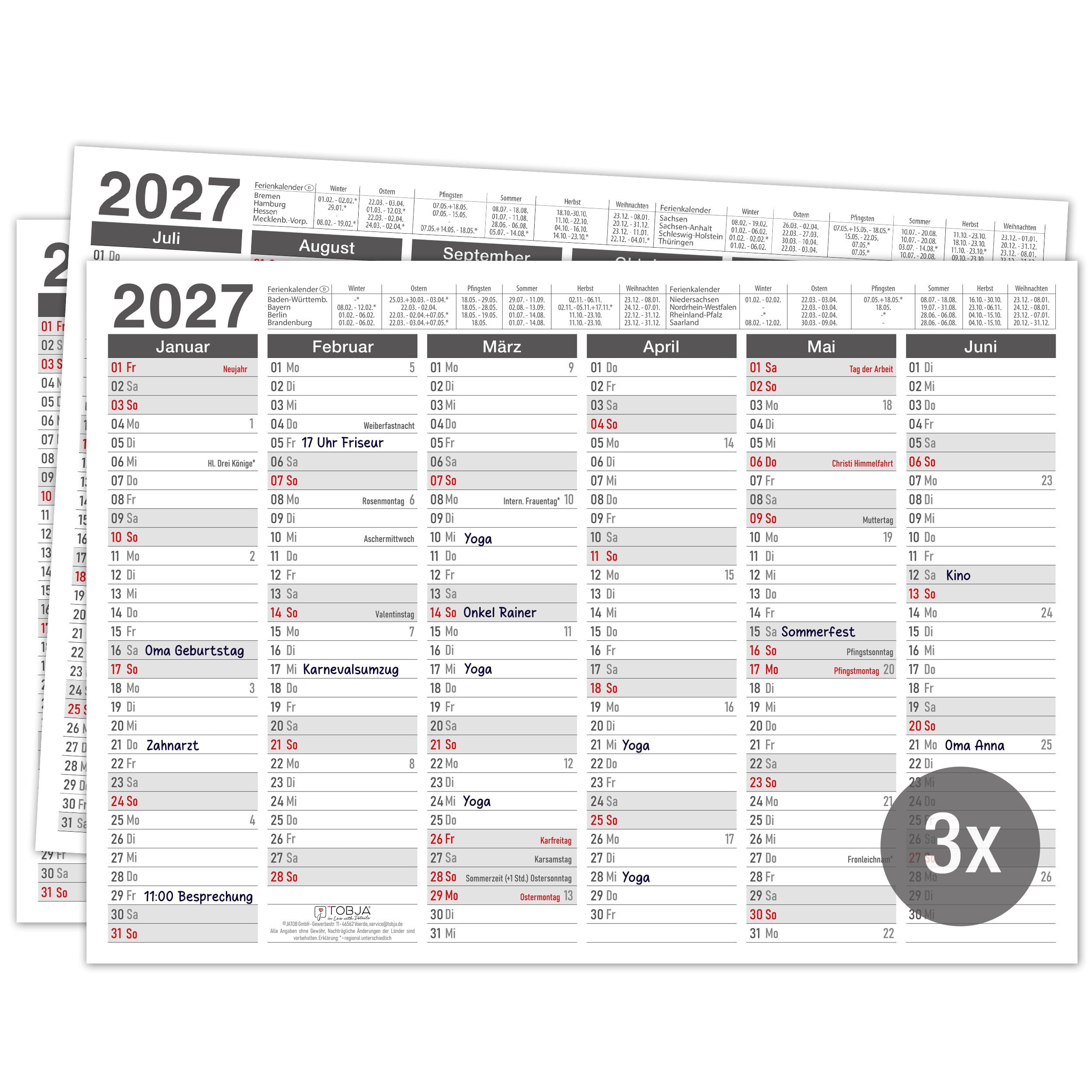 TOBJA Wandkalender Tafelkalender 2027 Anthrazit DIN A4 3er Set Halbjahreskalender Büro, 350g Papier, Ferien & Feiertage, Kalenderwochen, A4 Querformat