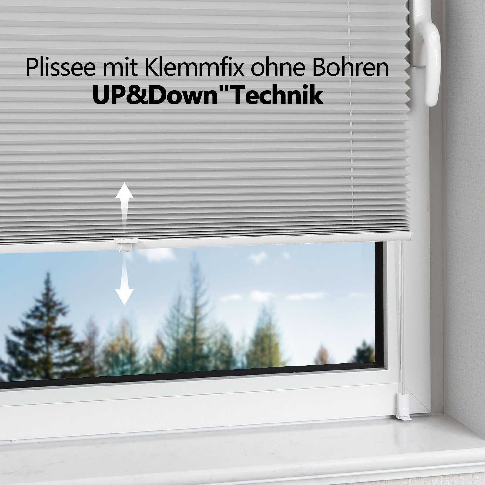 OUBO Plissee Ohne Bohren klemmfix Weiß, Klemmträger, Easyfix Faltrollo mit Klemmträger, Klemmfix ohne Bohren, Lichtschutz,einfache Montage