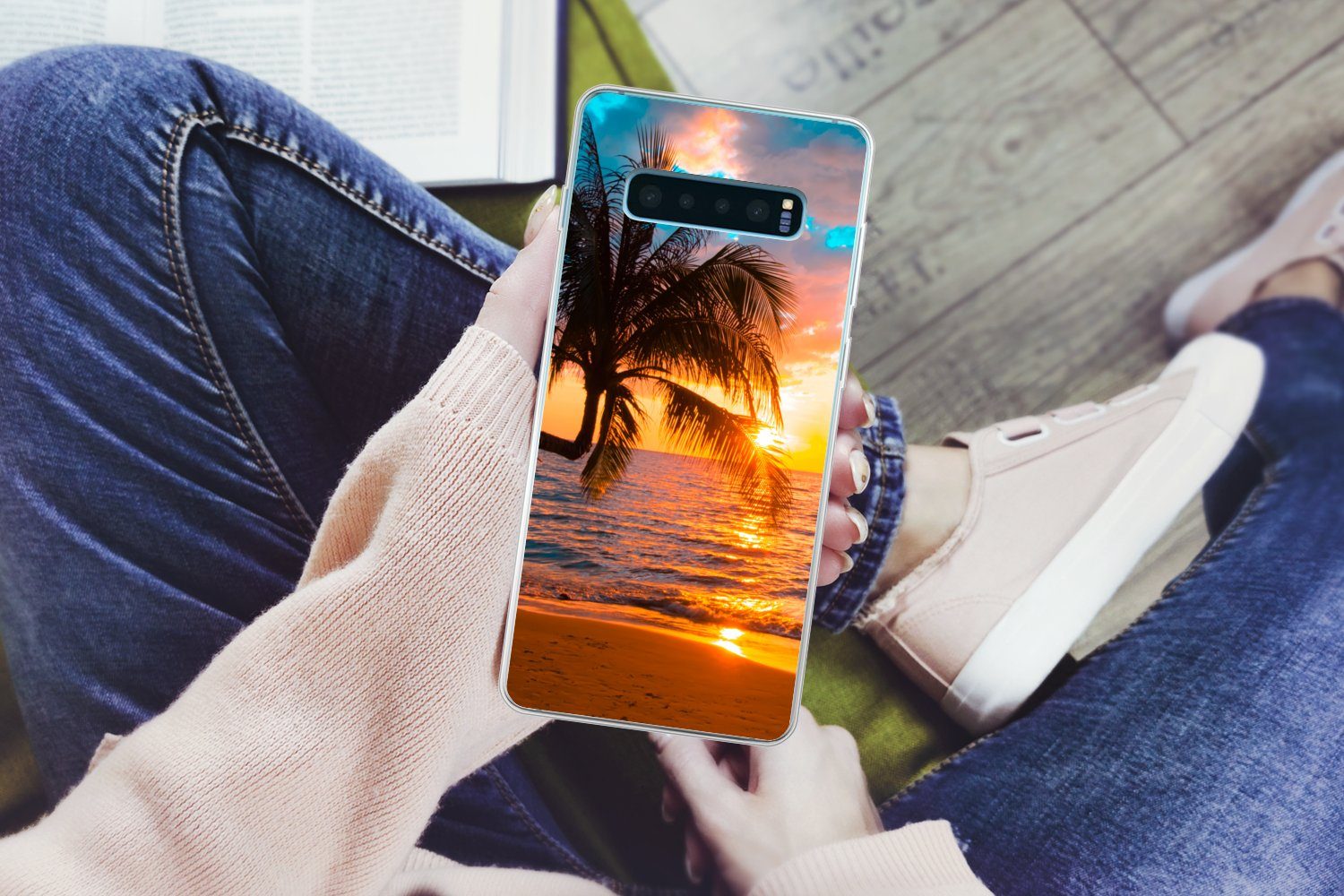 MuchoWow Handyhülle für Samsung Galaxy S10 Plus Palme - Sonnenuntergang - Horizont - Stran, Phone Case, Silikon, Schutzhülle Dünn