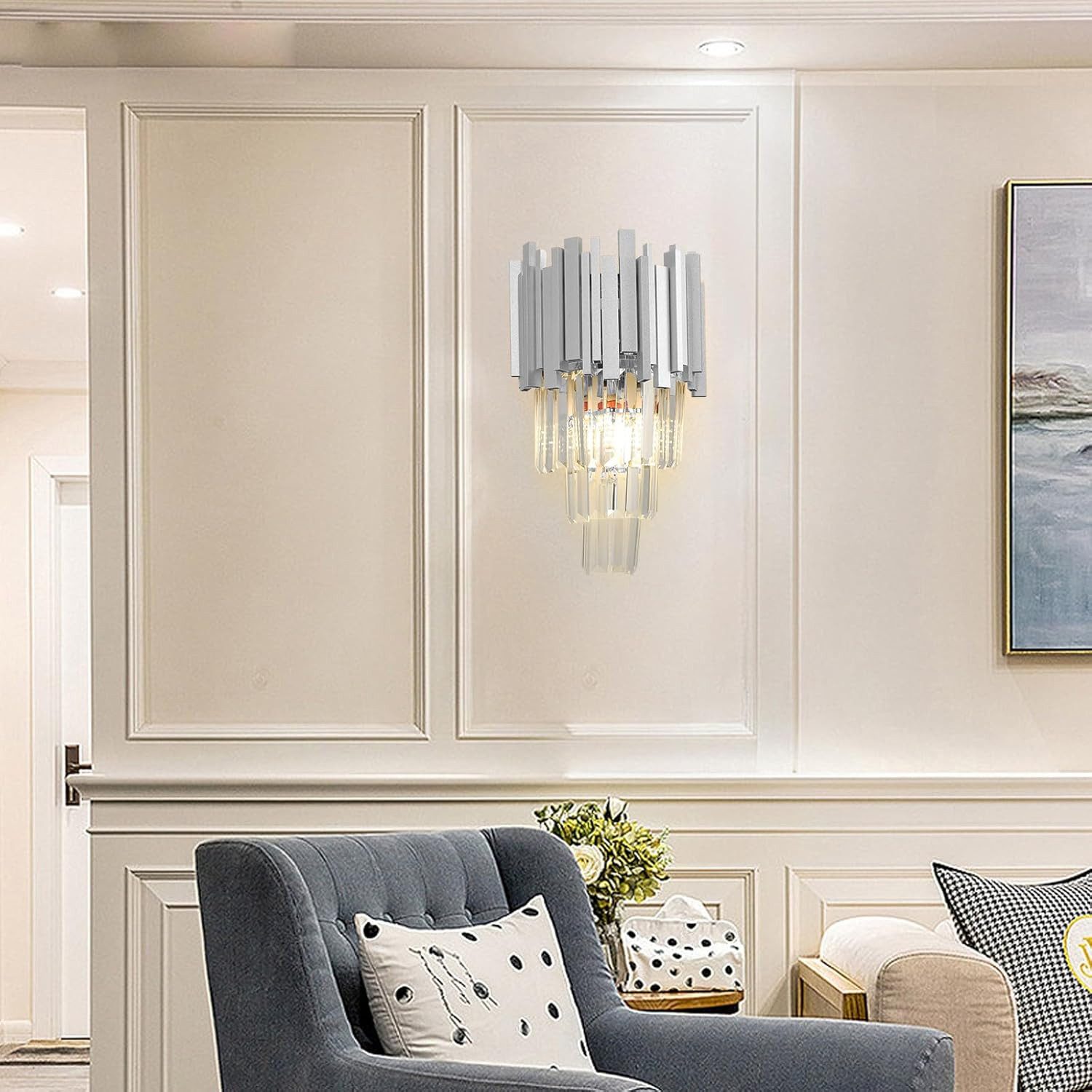 RRBEST Kronleuchter Kristall Leuchte, Kristall Deckenleuchte Silver, E14 Lichter, für Esszimmer, Küche, Wohnzimmer, Schlafzimmer, Flur, Café, Bar