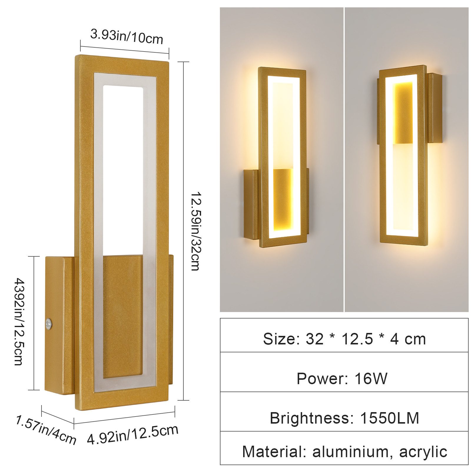Riserva LED Wandleuchte LED Wandleuchte innen Gold 12W, 3000K warmweiß, 32 cm, rechteckig – Bild 5 von 5