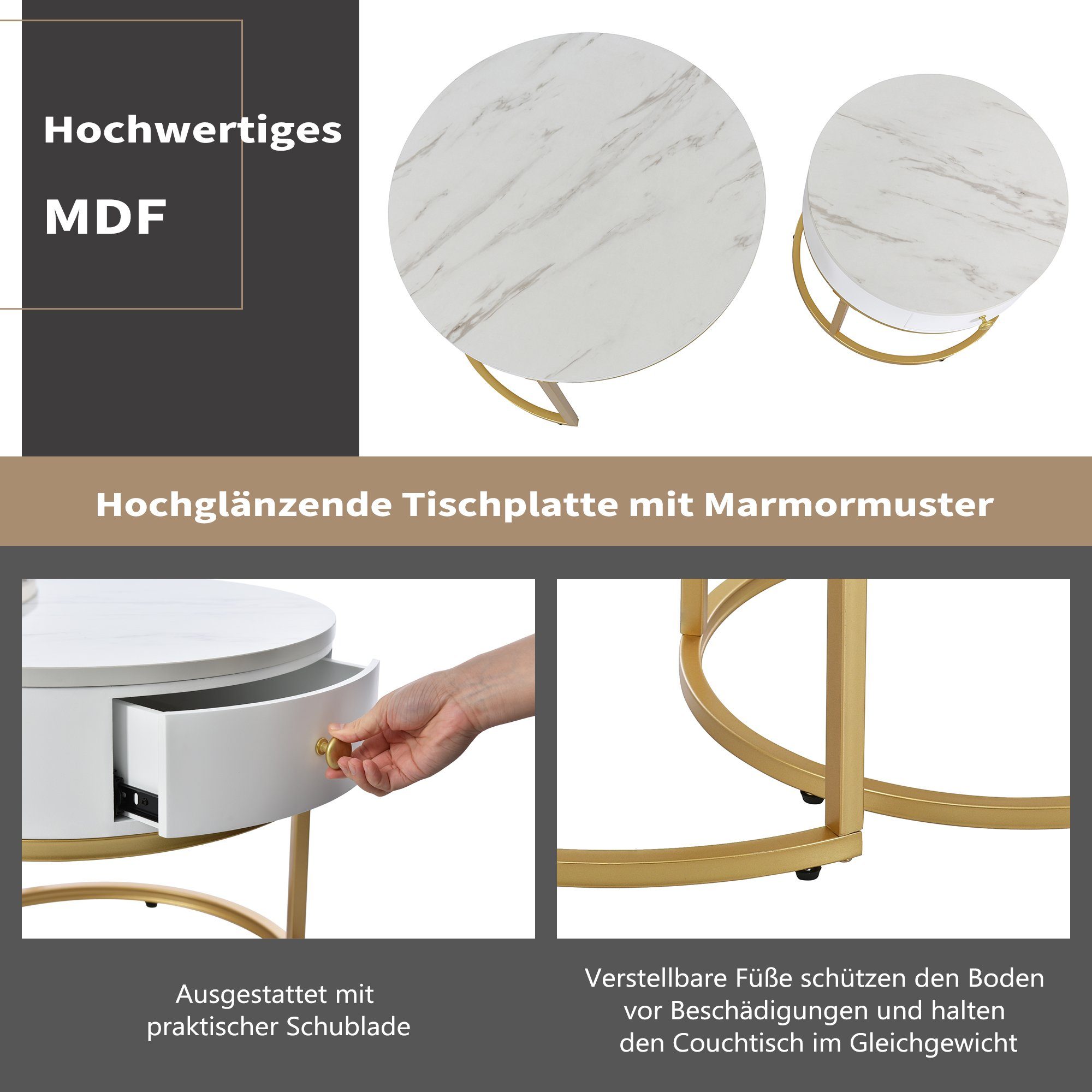 Merax Couchtisch Set rund Satztisch Wohnzimmertisch 1,5 cm Platte, hochglanz Marmoroptik aus Holz mit goldem Metallbeine