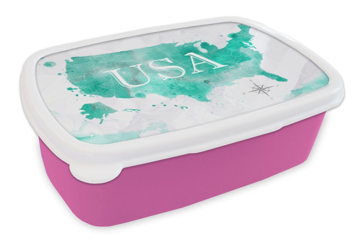 MuchoWow Lunchbox Karte - Vereinigte (2-tlg), für Kunststoff, - Snackbox, Staaten Kinder, Erwachsene, Mädchen, Brotbox Kunststoff Aquarell, rosa Brotdose