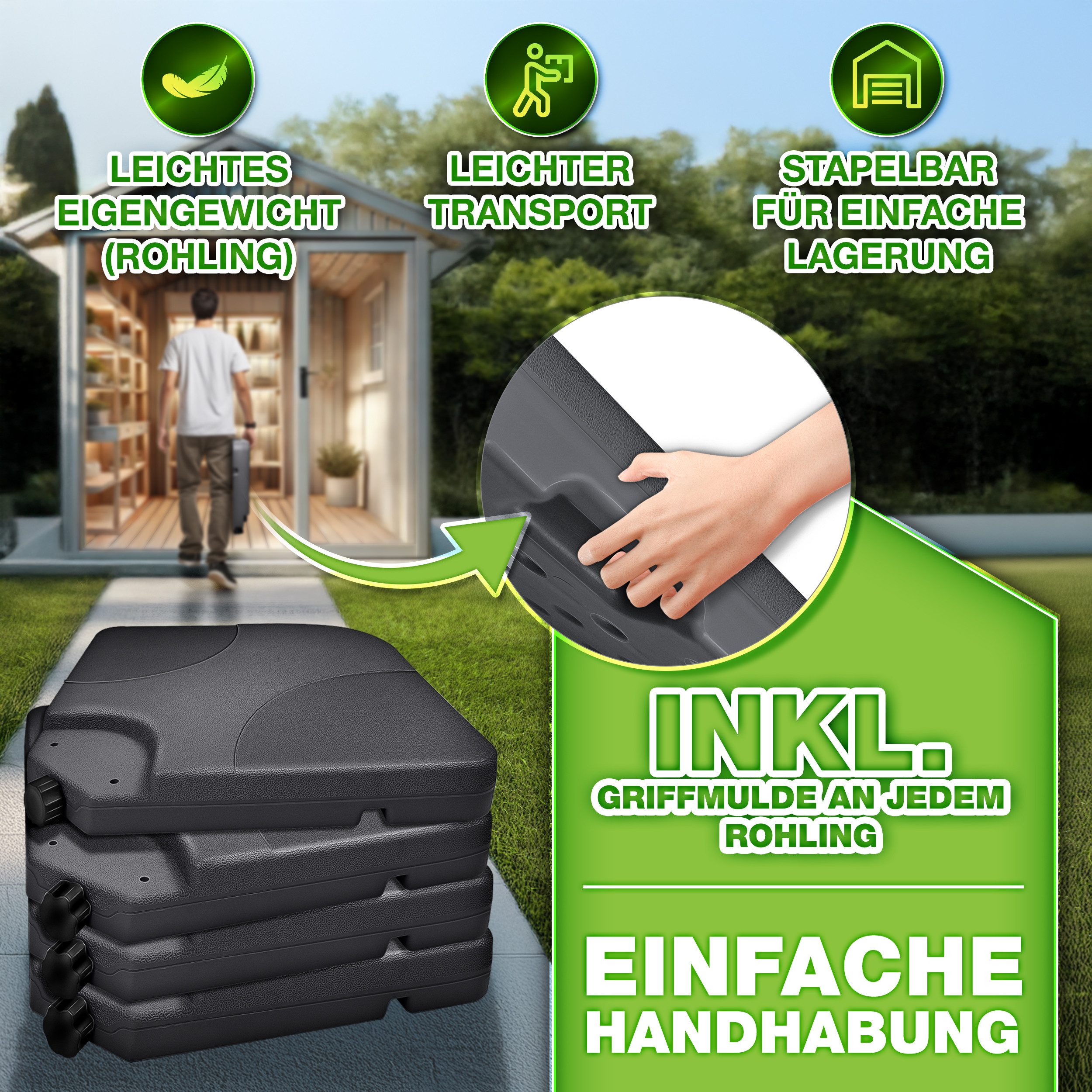 tillvex Sonnenschirm tillvex® Sonnenschirmständer 60L / 80kg Schirmständer Schirmgewicht, Schirmständer Ampelschirmständer wetterfest, inkl. Metallverbinder Schirmgewicht befüllbar, Sonnenschirmständer 60 Liter / 80 kg – 4-teilig für Ampelschirm