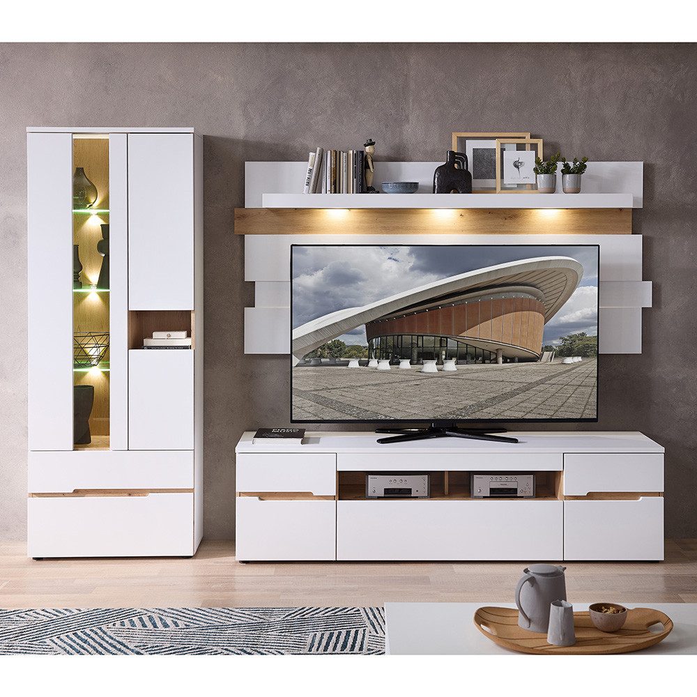 Lomadox Wandregal MANRESA-36-WHITE, 202 cm breit, weiß und Eiche, inkl. Beleuchtung