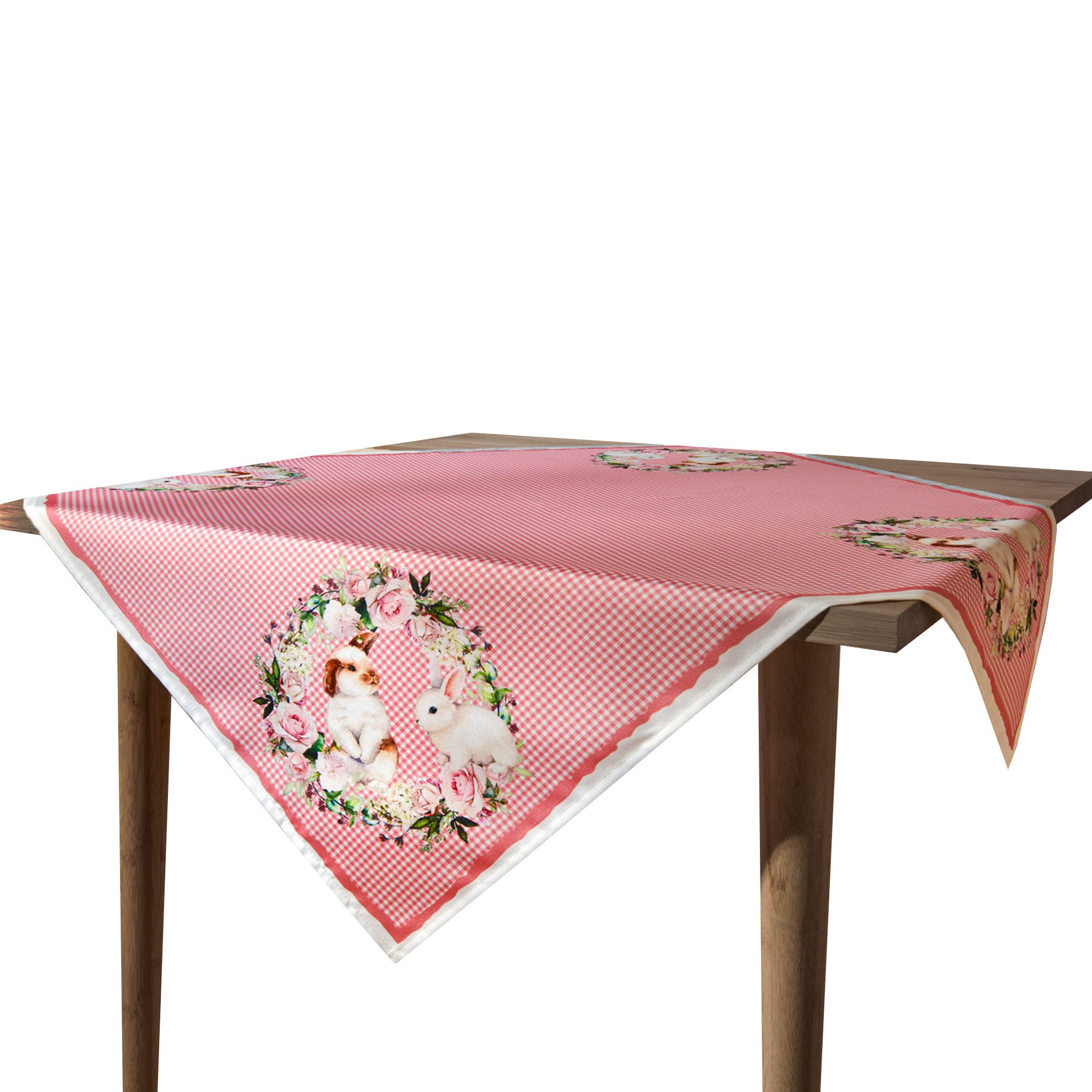Delindo Lifestyle Mitteldecke Mitteldecke Häschen mit Rosen (1-tlg), glattes Gewebe mit Ostermotiv