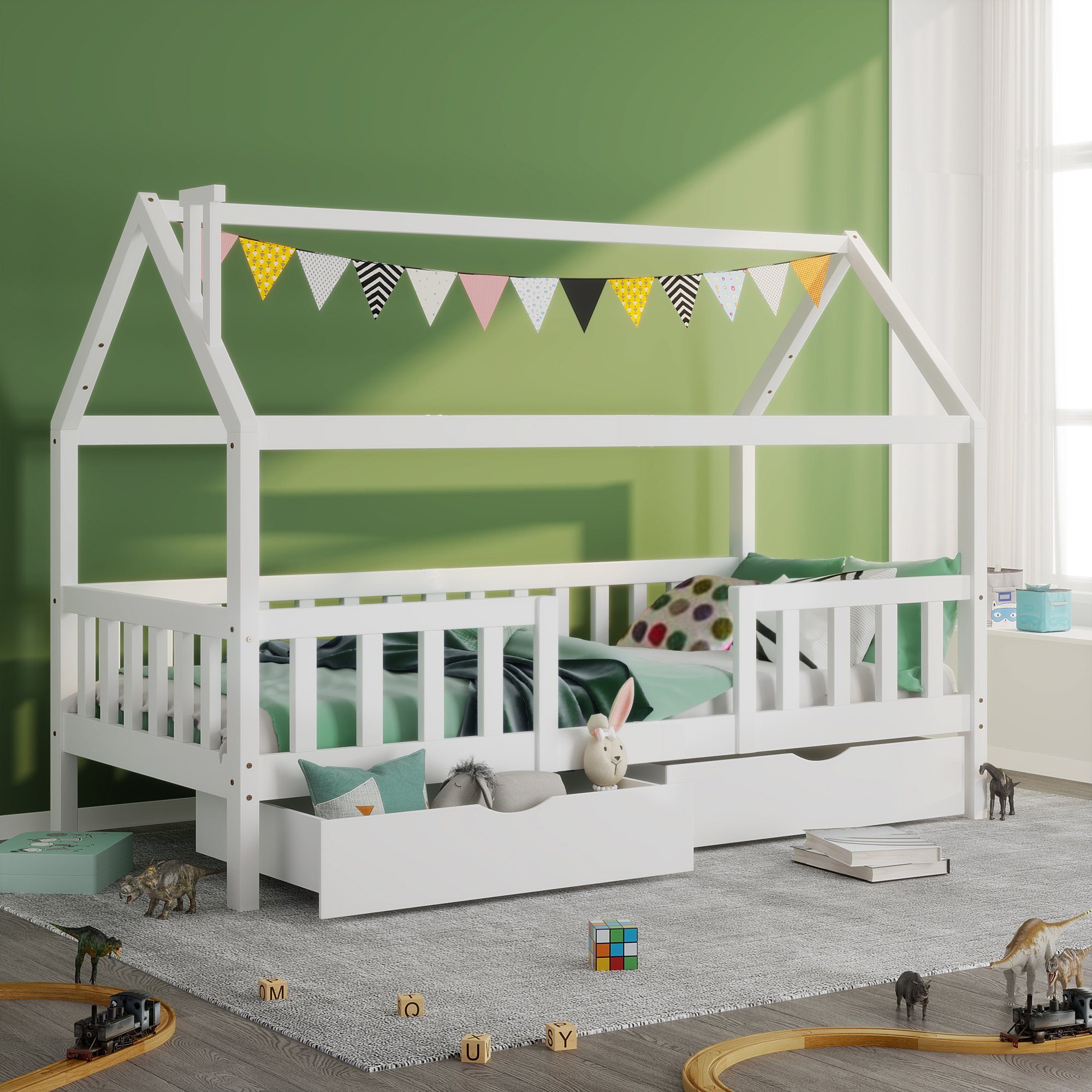 SOFTWEARY Kinderbett (Hausbett mit 2 Schubladen und Lattenrost, 90x200 cm), Einzelbett inkl. Rausfallschutz, Kiefer weiß mit Schubladen