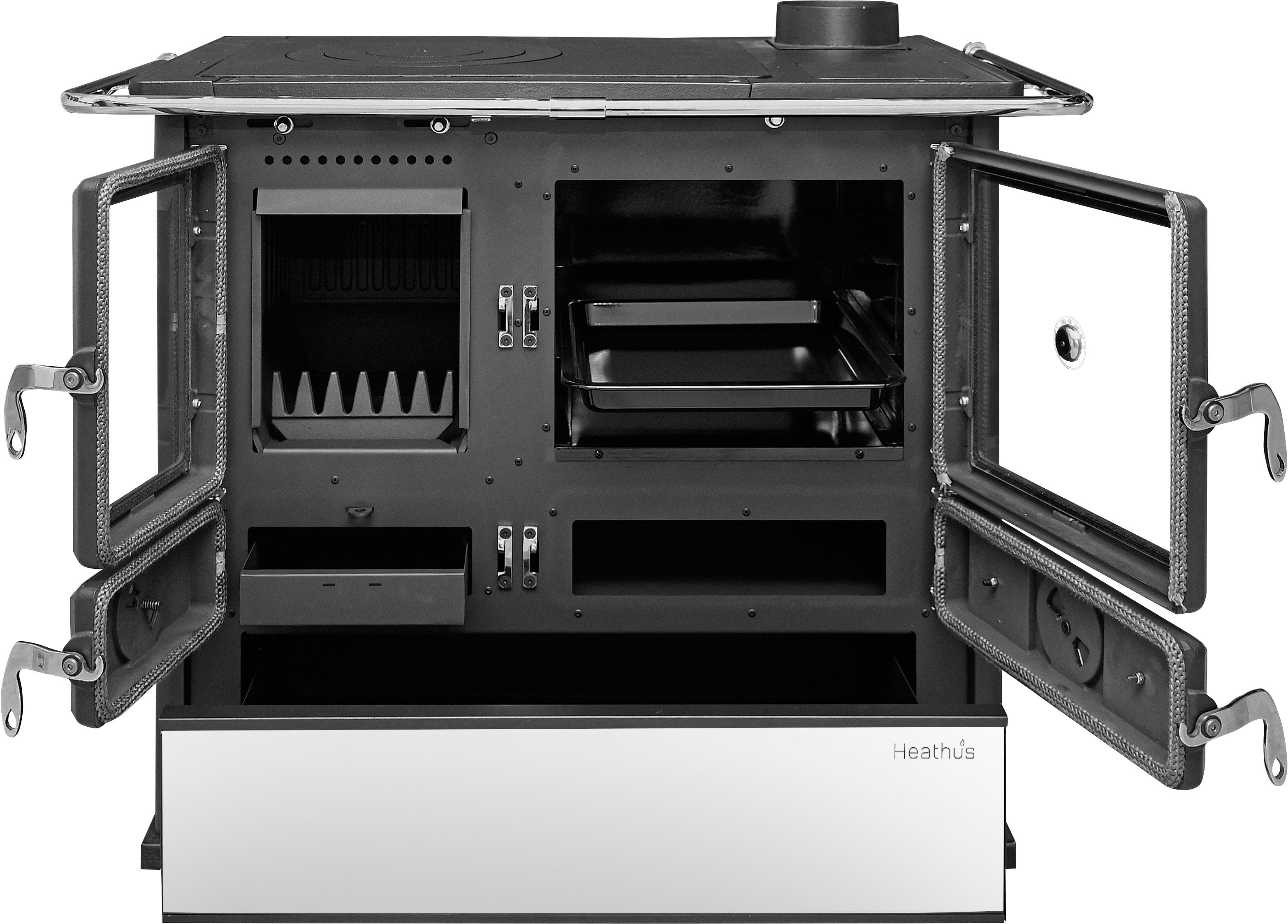 Festbrennstoffherd Heathus Küchenofen »Cook Premium« Perl White, 8,8 kW, Zeitbrand, Ofenherd zum Heizen, Kochen & Backen