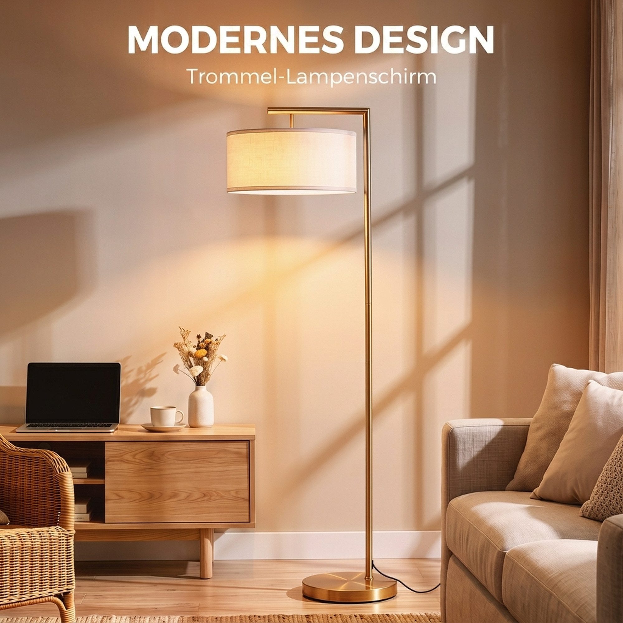 HOMCOM Stehlampe Stehleuchte Standlampe mit Lampenschirm aus Stoff mit E27 Fassung, Ein-,Ausschalter, ohne Leuchtmittel, Metall Stahl Leinen Gold+Weiß 47 x 37 x – Bild 4 von 5