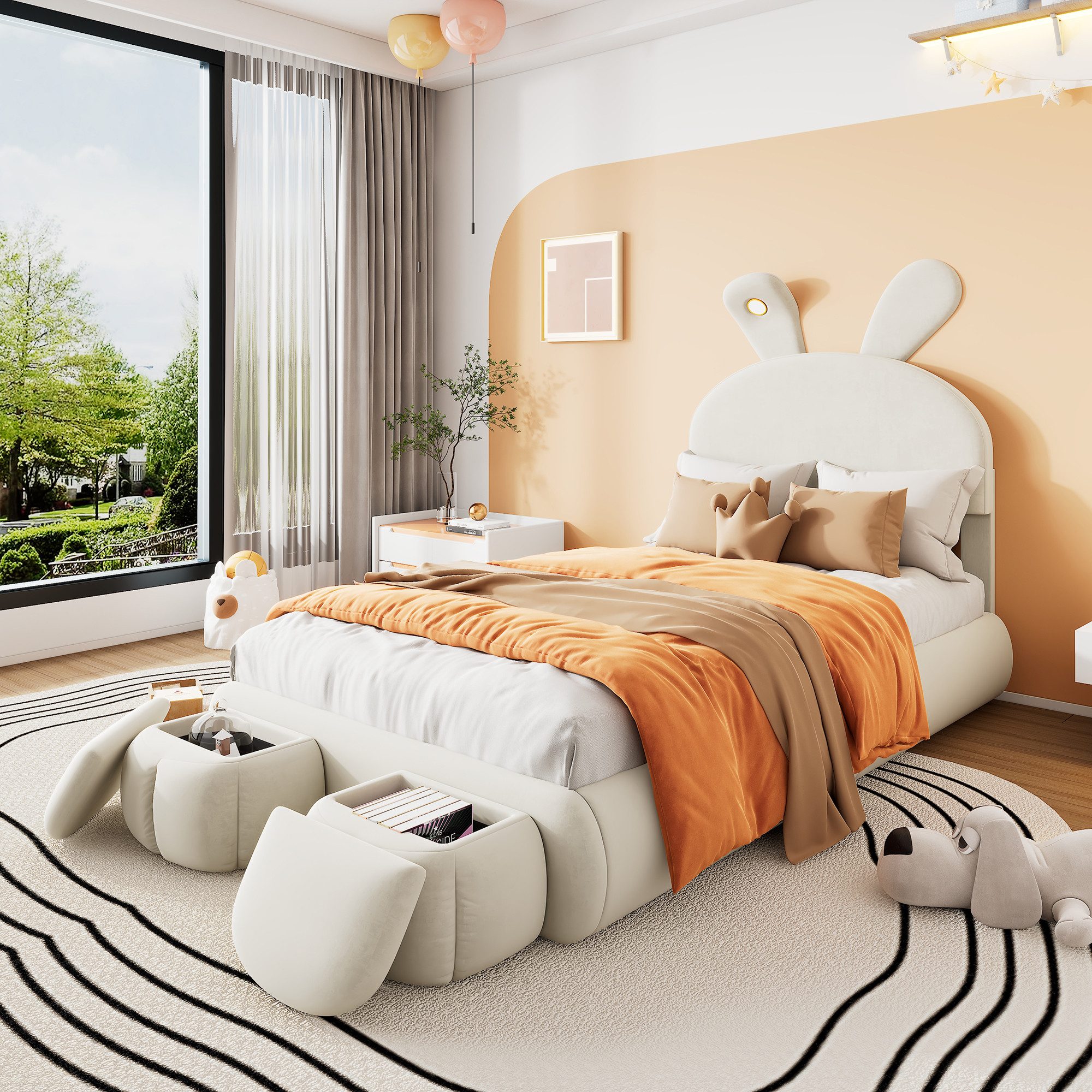 Flieks Polsterbett, LED Einzelbett 90x200cm mit Hasenohren Kopfteil und 2 S günstig online kaufen