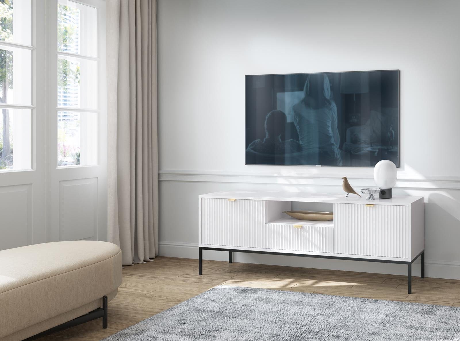 Novia im Farbe) Wohnzimmer, Grau TV-Schrank Weiß Schwarz Beautysofa modernes / Lowboard Stil / (Metallgestell, für