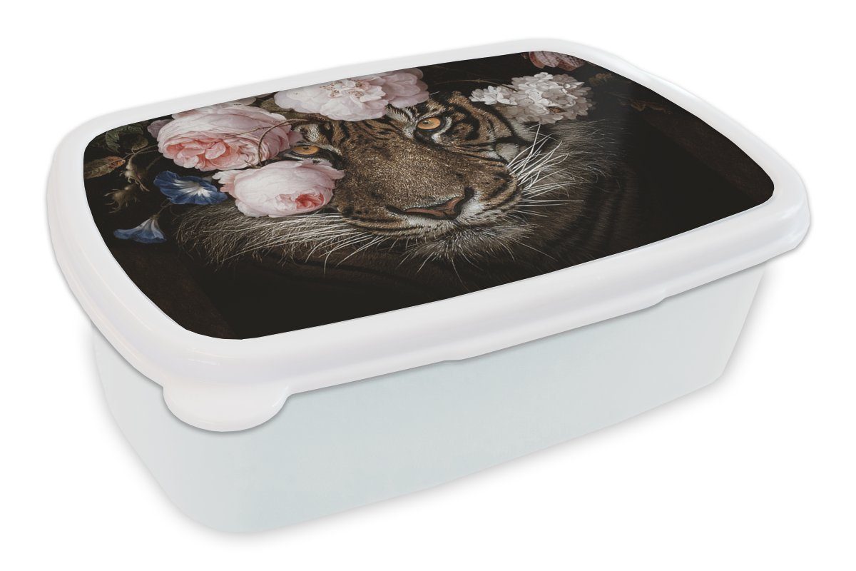 MuchoWow Lunchbox Tiger - Blumen - Porträt, Kunststoff, (2-tlg), Brotbox für Kinder und Erwachsene, Brotdose, für Jungs und Mädchen weiß