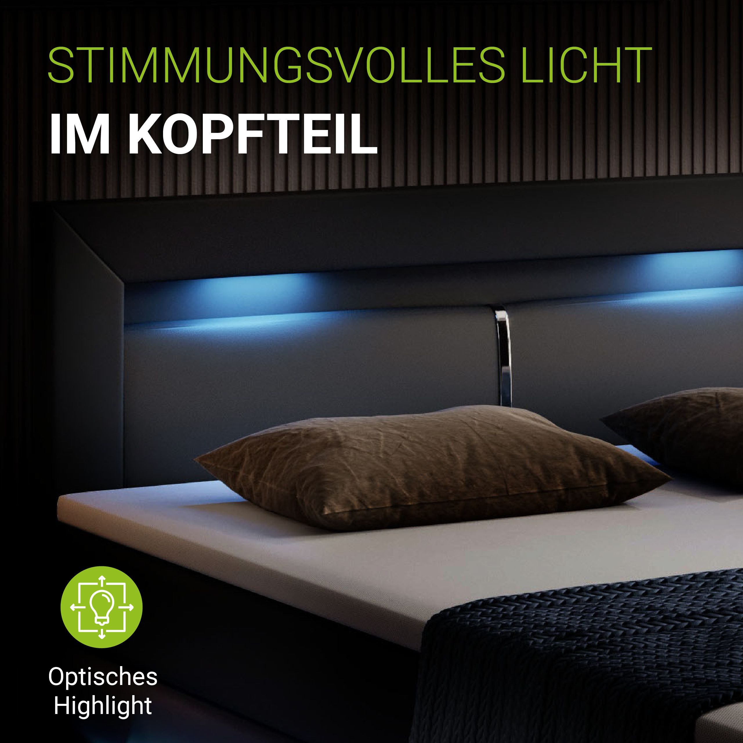Juskys Boxspringbett Norfolk, 140 x 200 cm, Bett mit Federkernmatratze, Topper, Kopfteil und LED-Beleuchtung