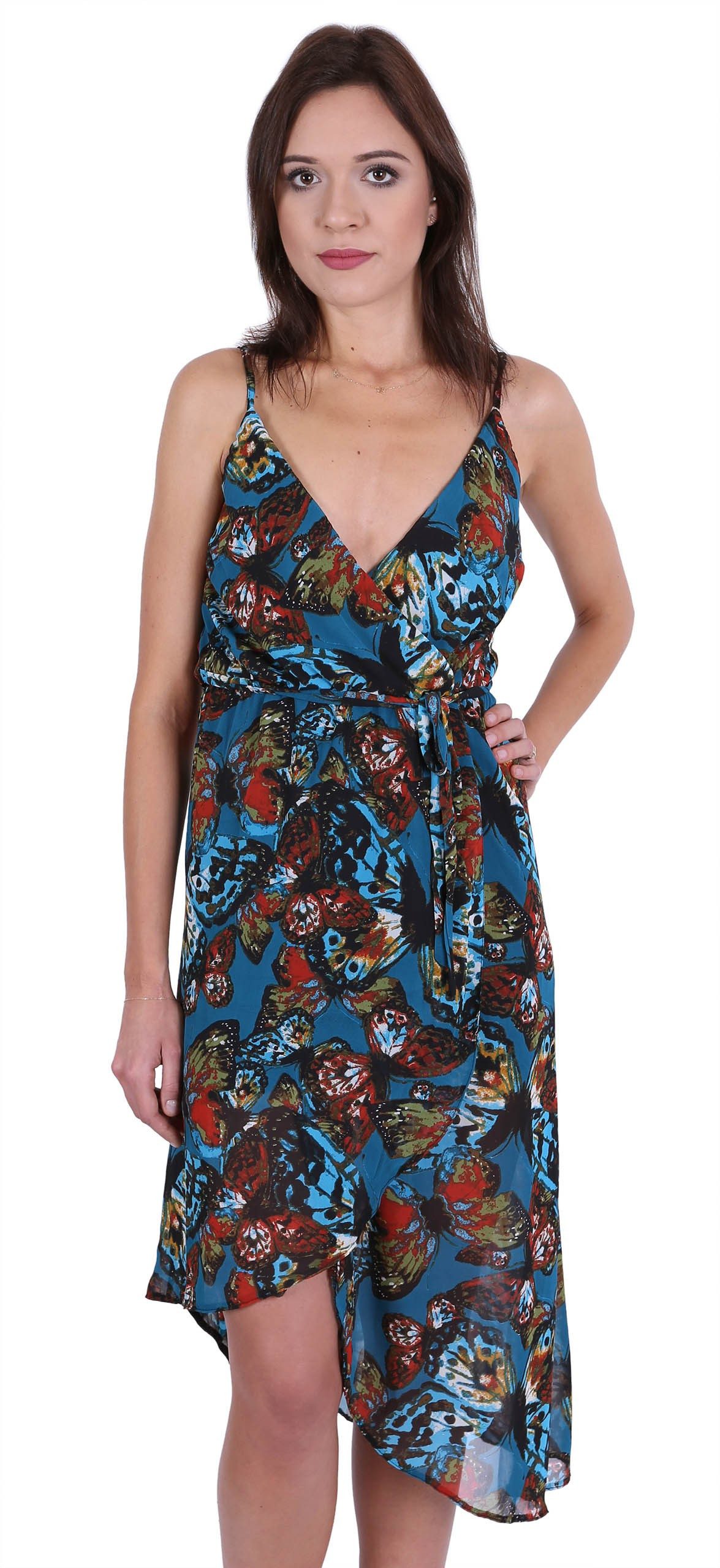 Sommerkleid John Zack Leichtes, türkisfarbiges Kleid, Schmetterlingen gemustert L