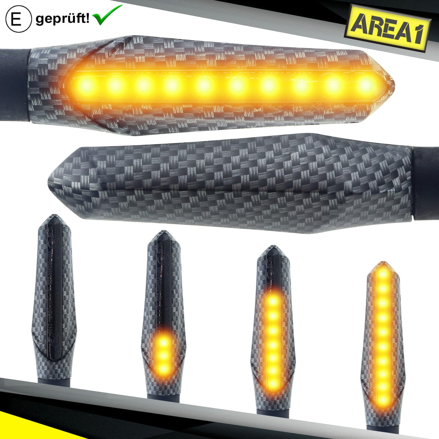 Blinker Motorrad LED Blinker e-geprüft carbon, Lauflicht Effekt, M8 Set (2)