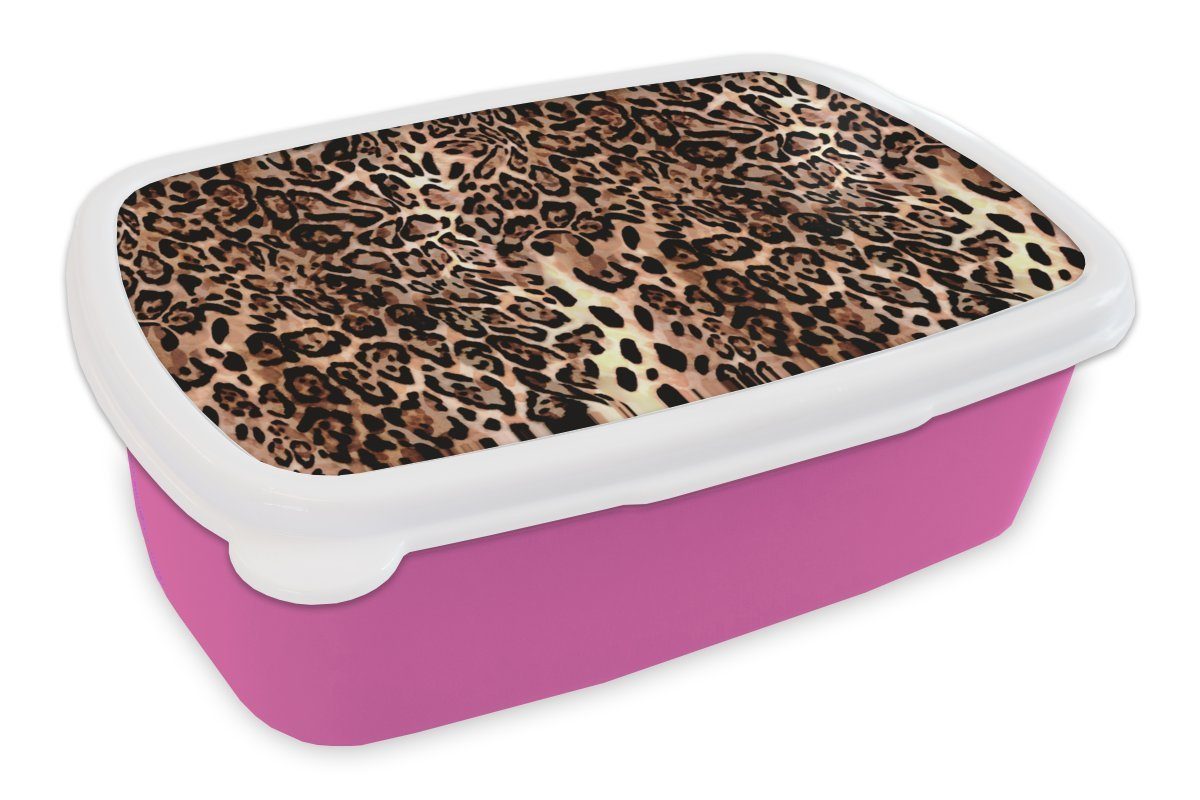 MuchoWow Lunchbox Tiermuster - Leopard - Design - Luxus, Kunststoff, (2-tlg), Brotbox für Erwachsene, Brotdose Kinder, Snackbox, Mädchen, Kunststoff rosa