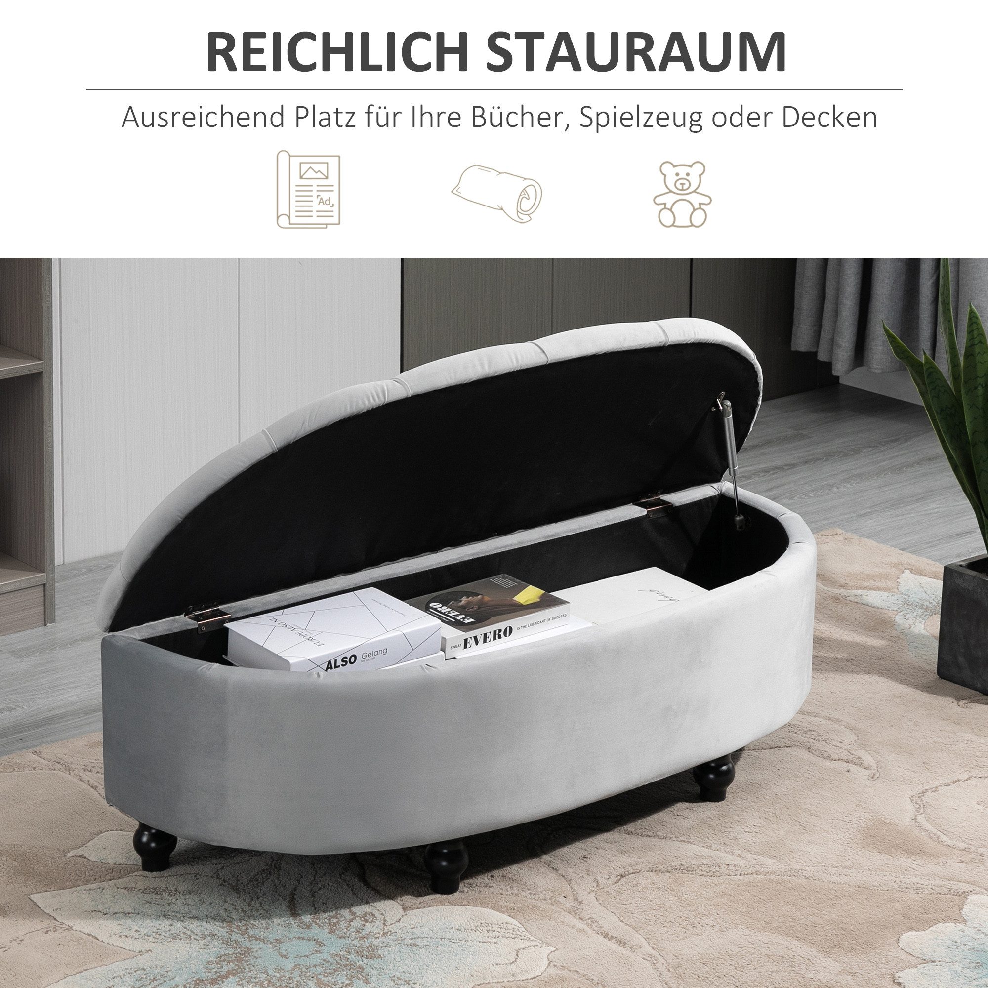 HOMCOM Sitzbank Polsterbank mit Stauraum und Samtoptik, Truhenbank (Bank, 1-St., Hocker), für Wohnzimmer, Grau – Bild 4 von 5