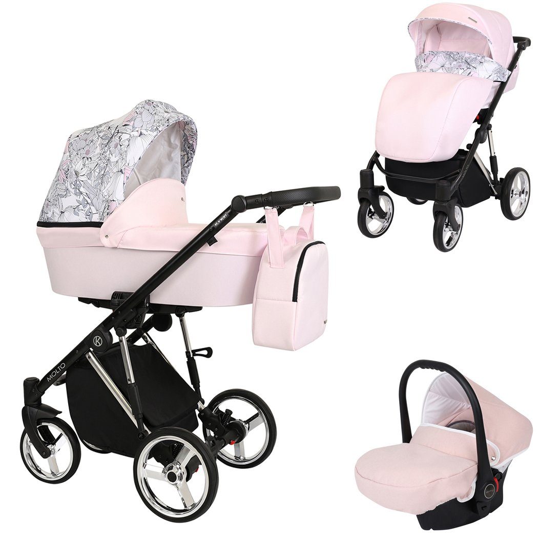 babies-on-wheels Kombi-Kinderwagen Molto Edition 3 in 1 inkl. Autositz -13 Teile- von Geburt bis 4 Jahre Rosa-Dekor = Gestell verchromt