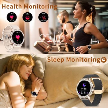 Fitonus Damen mit Telefonfunktion Touchscreen Smartwatch (1.3 Zoll, Andriod iOS), mit Periodenverfolgung, 110+ Sport, Herzfrequenz, SpO2 Schlafmonitor