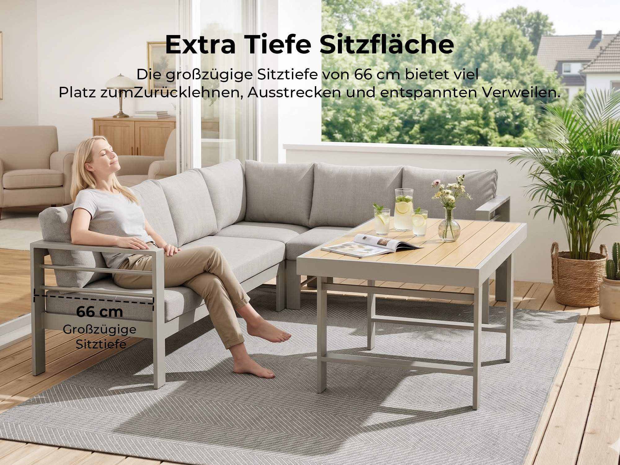 MeXo Gartenlounge-Set XXL Outdoor Lounge Set mit Esstisch, (wetterfeste modulare Ecklounge aus Aluminium, 5-tlg., Gartenmöbel Set für 6-8 Personen), 12cm Deluxe – Bild 5 von 5
