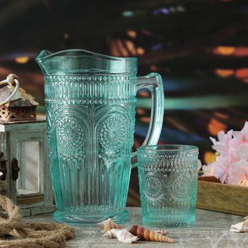 MARELIDA Glas Trinkglas blau 280ml Wasserglas Saftglas Vintage Boho Blumenmuster, Glas